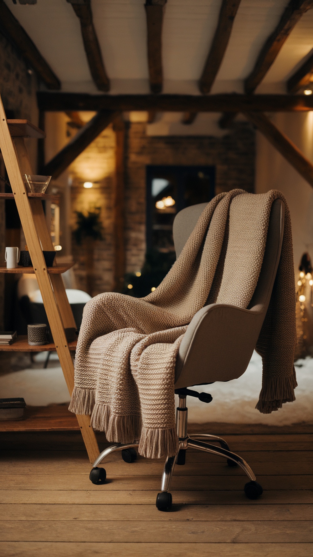 A cozy knit throw draped over a modern desk chair in a warm, inviting office space.