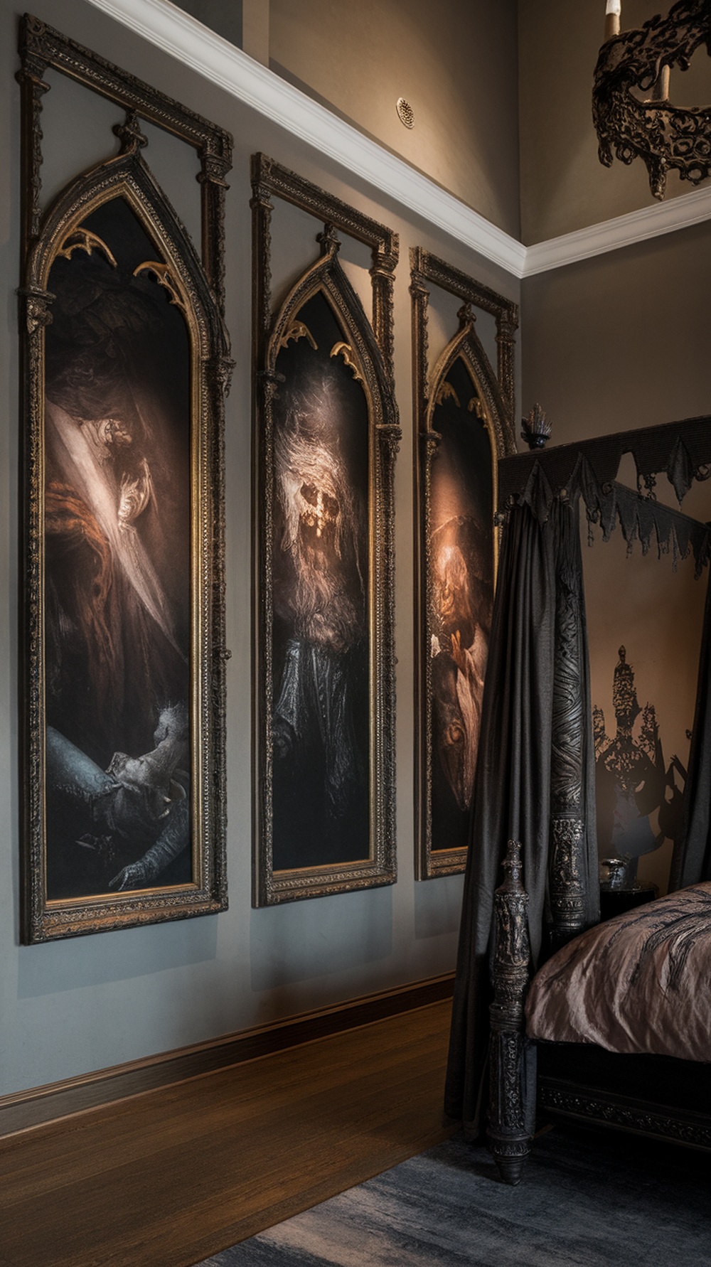 Gothic-inspired wall art featuring dramatic figures in ornate frames