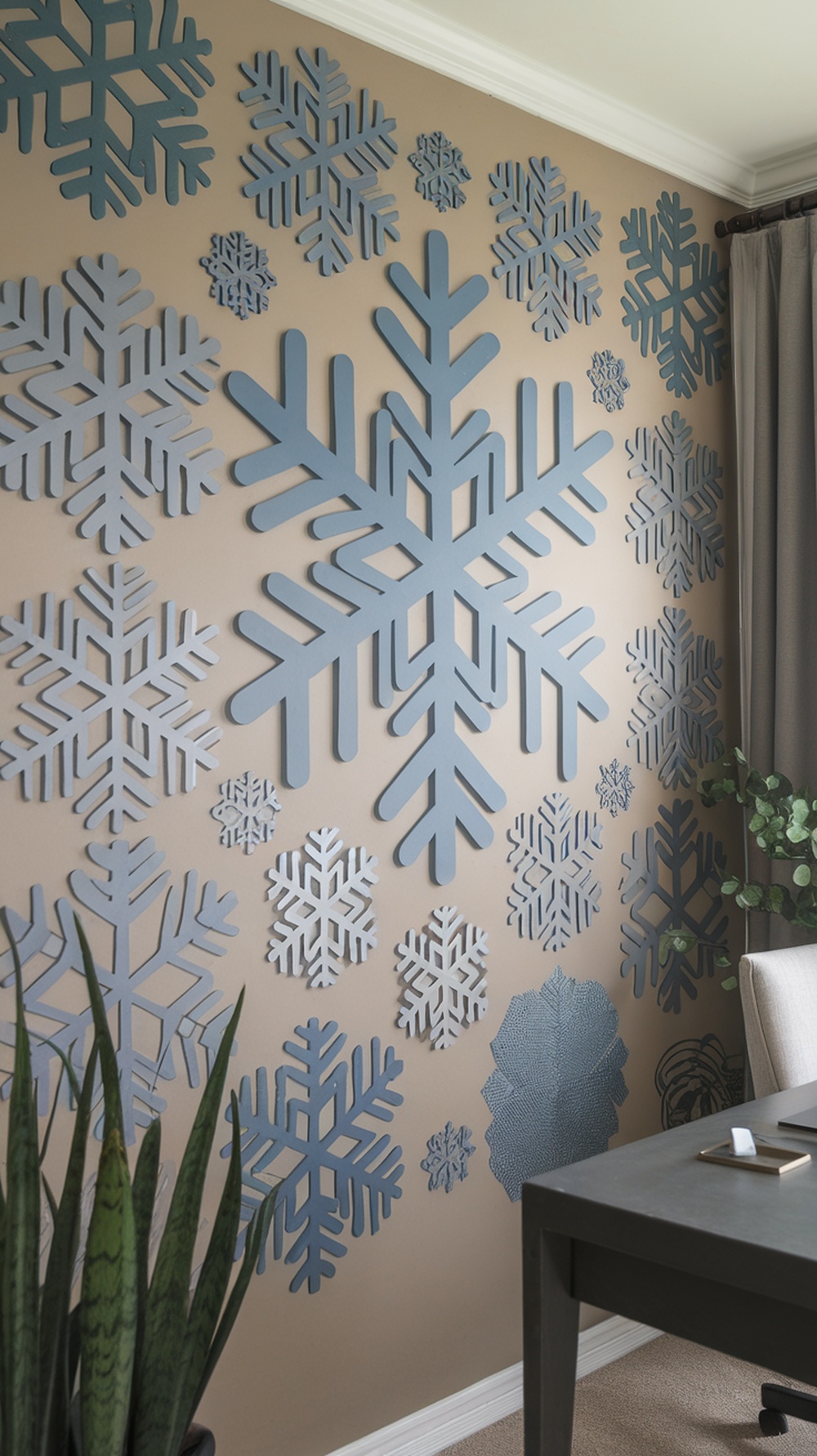 A wall decorated with various blue and white snowflake wall art, creating a winter wonderland theme.