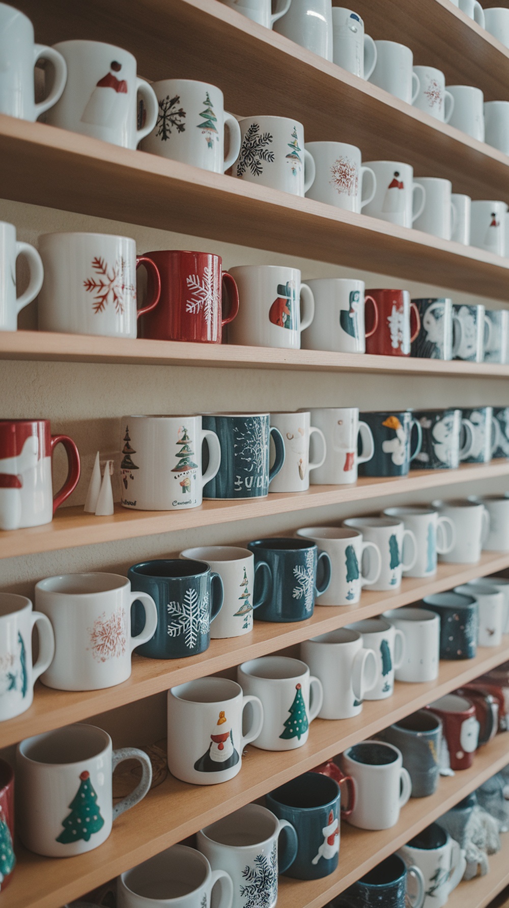 A collection of winter-themed mugs displayed on wooden shelves, featuring various designs like snowflakes, trees, and snowmen.