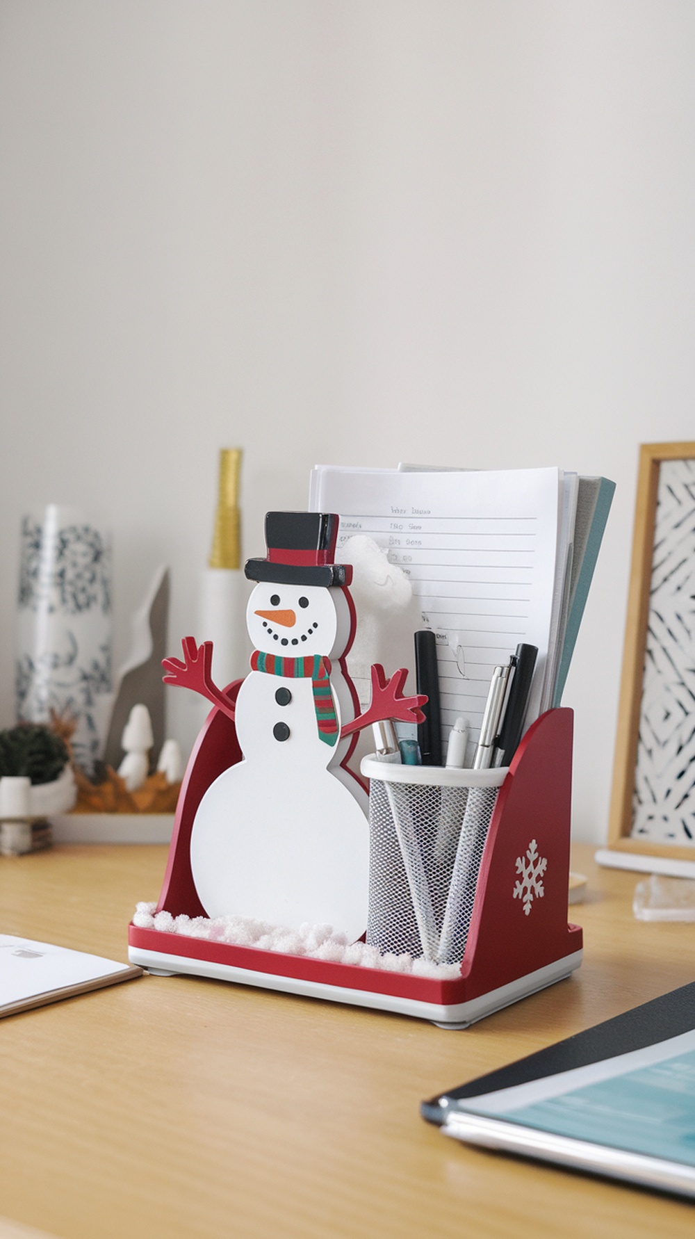 A colorful snowman desk organizer holding pens and papers, set on a wooden desk.