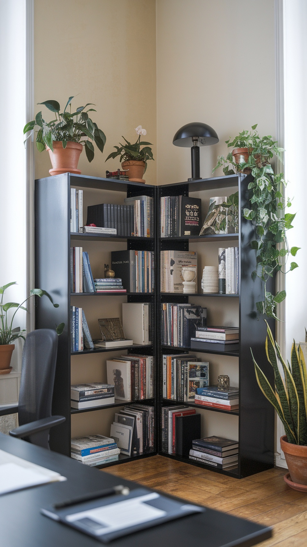 A stylish black bookshelf filled with books and plants in a bright office corner.