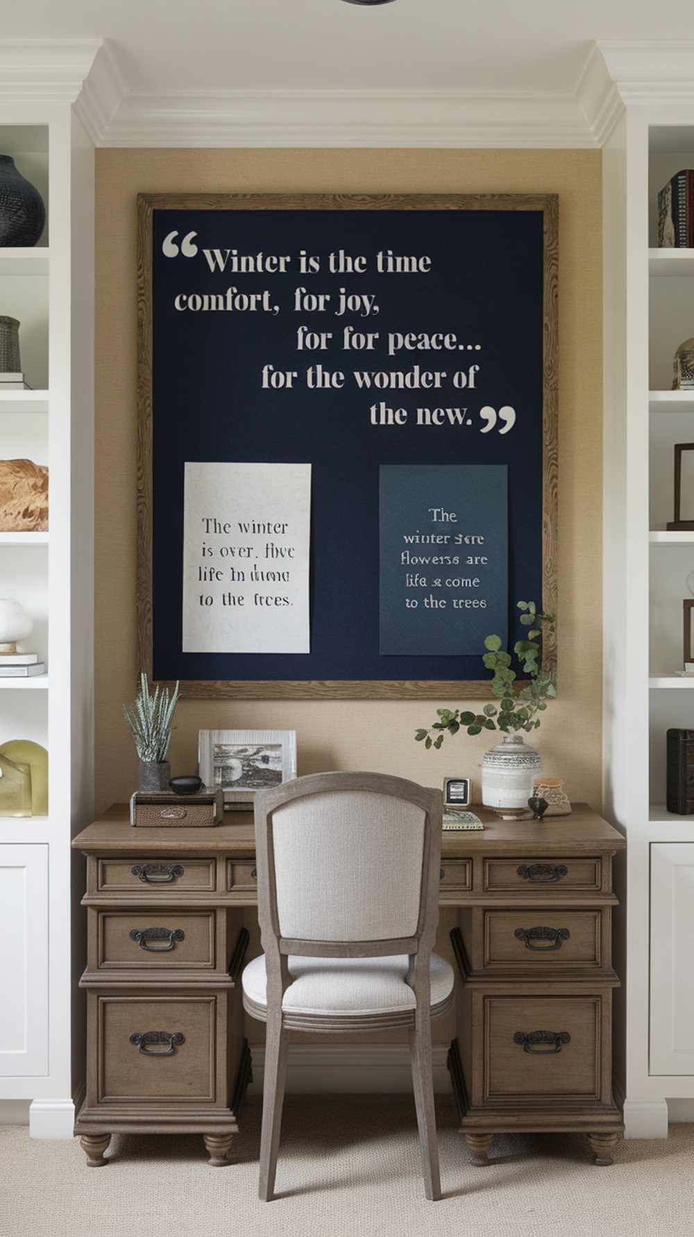 A cozy home office with winter-themed inspirational quotes on the wall, featuring a desk and chair.