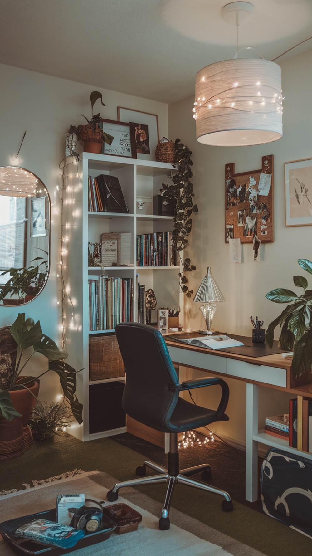 A cozy home office with soft lighting, featuring string lights, a floor lamp, and plants.