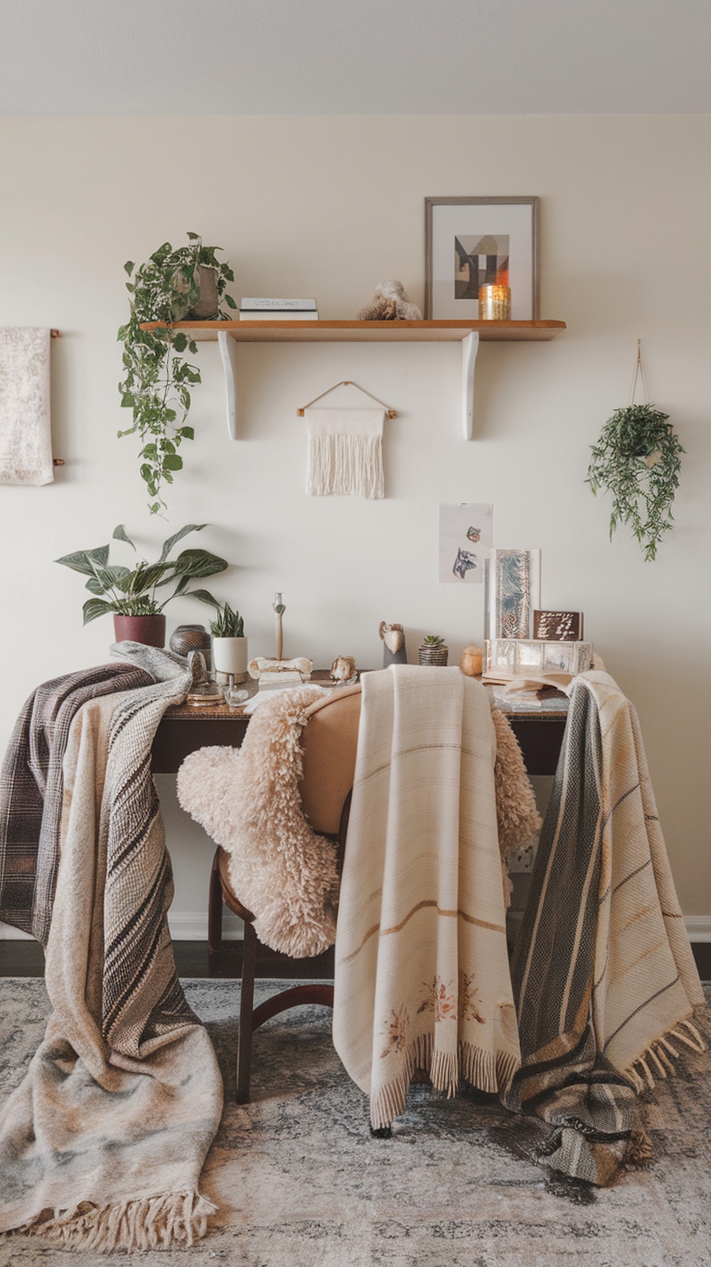A cozy home office setup featuring layered textiles, including a braided chair cover and textured desk mat.