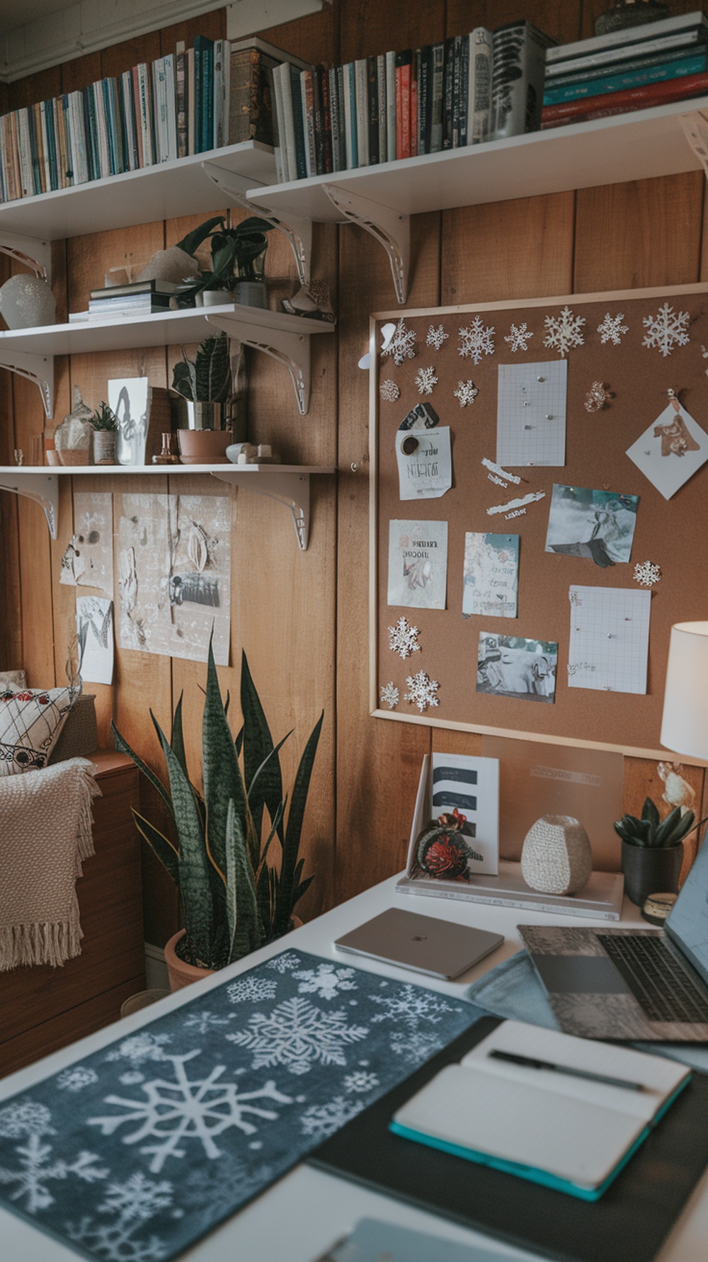 A cozy office space featuring a bulletin board decorated with snowflakes and notes, surrounded by plants and books.