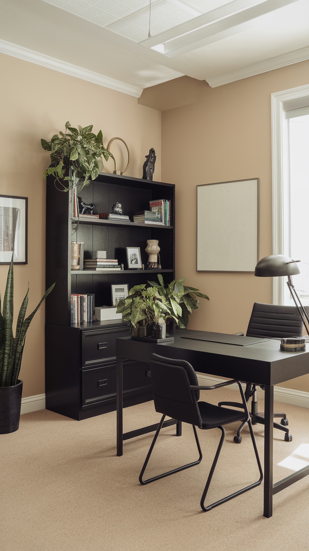 A stylish black office space featuring a black desk, shelving unit, and decorative elements.