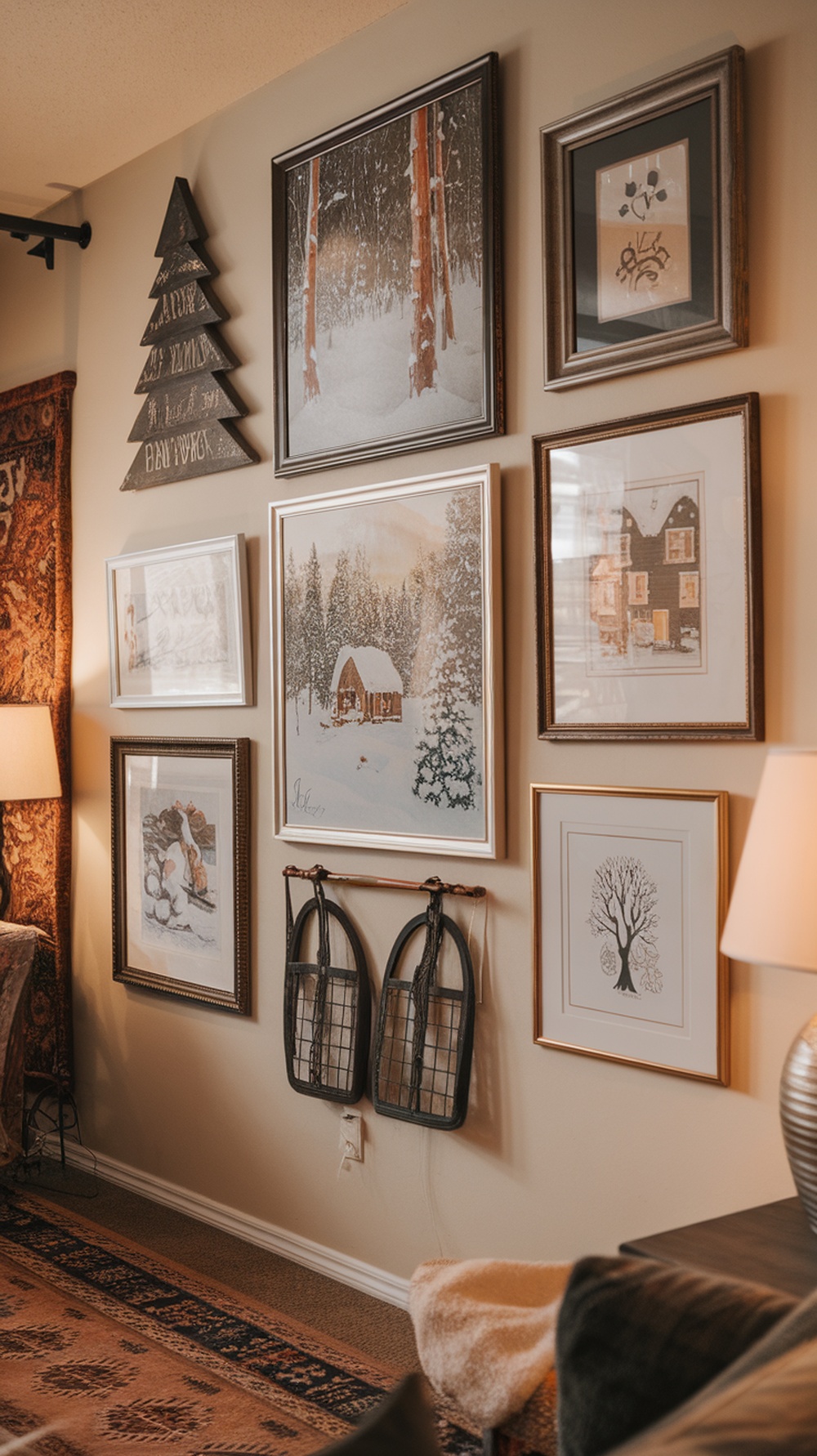 A cozy winter living room with seasonal artwork displays, featuring framed pictures of snowy landscapes and a decorative tree.