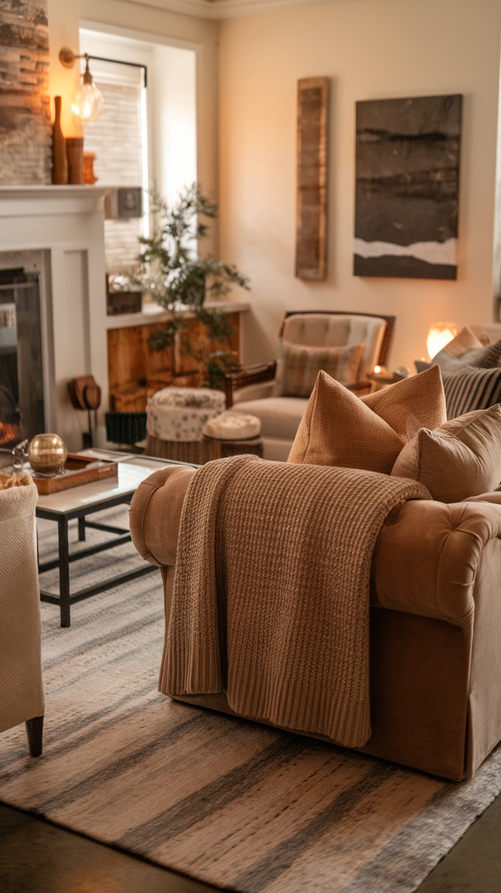 A cozy living room with a knit throw on a sofa, pillows, and warm lighting.