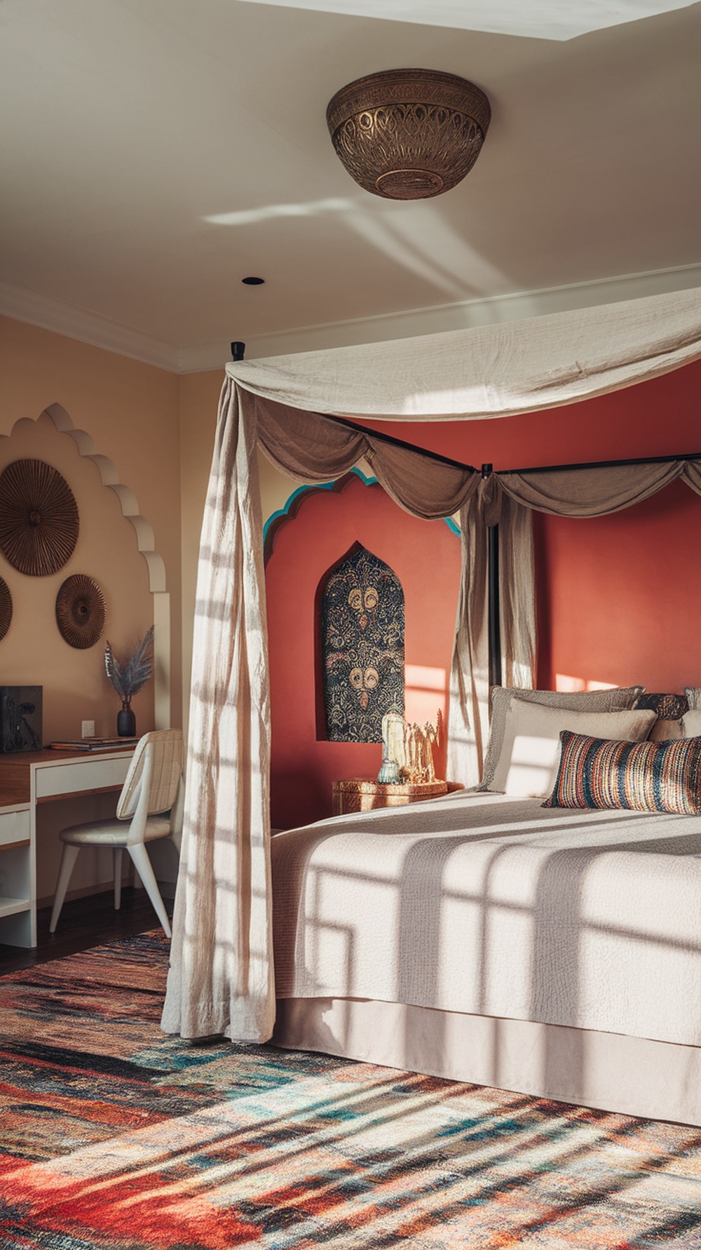 A cozy bohemian bedroom featuring textile wall art, a bed with decorative pillows, and a colorful rug.