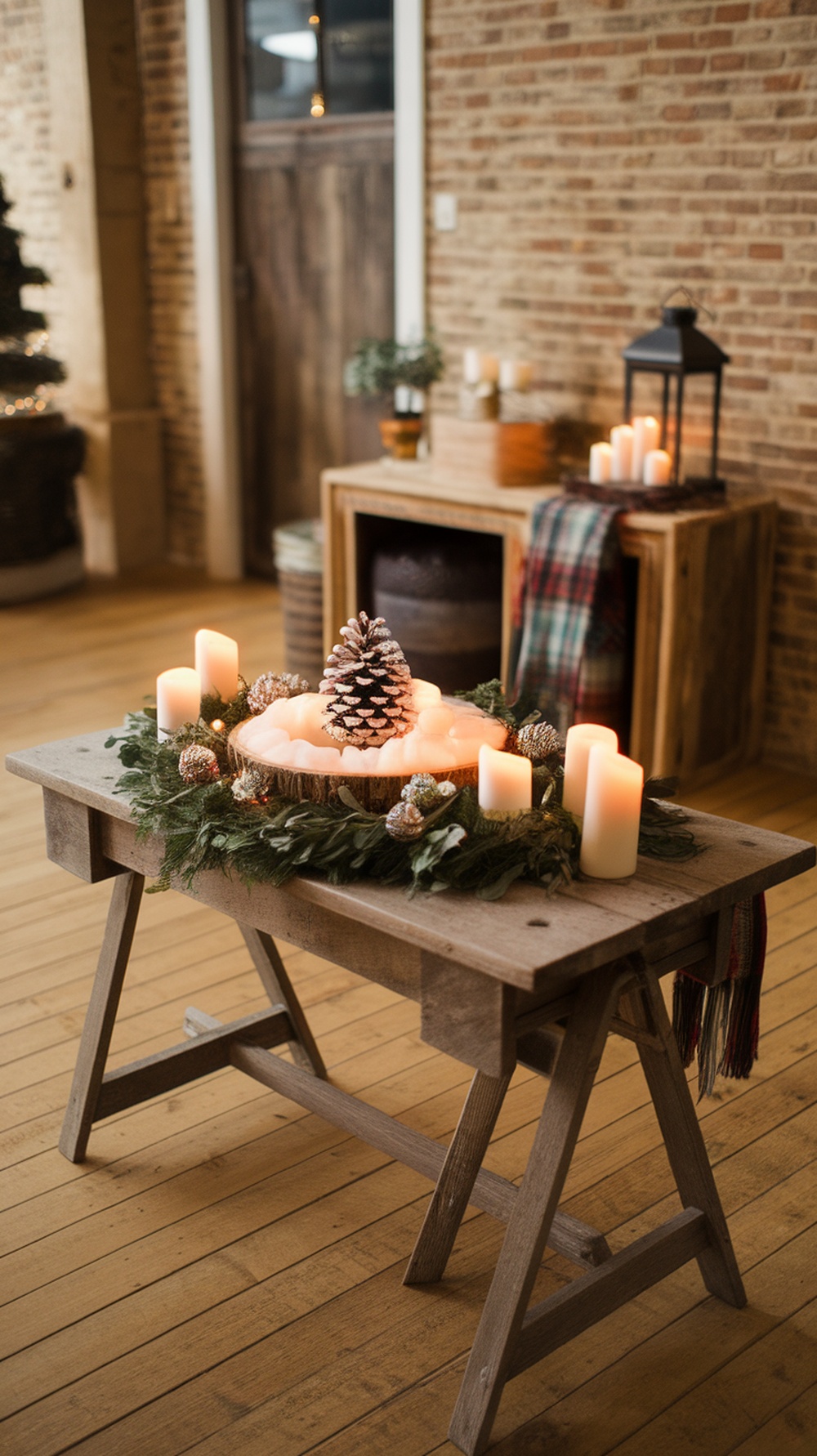 A frosted pinecone centerpiece with candles and greenery on a wooden table.