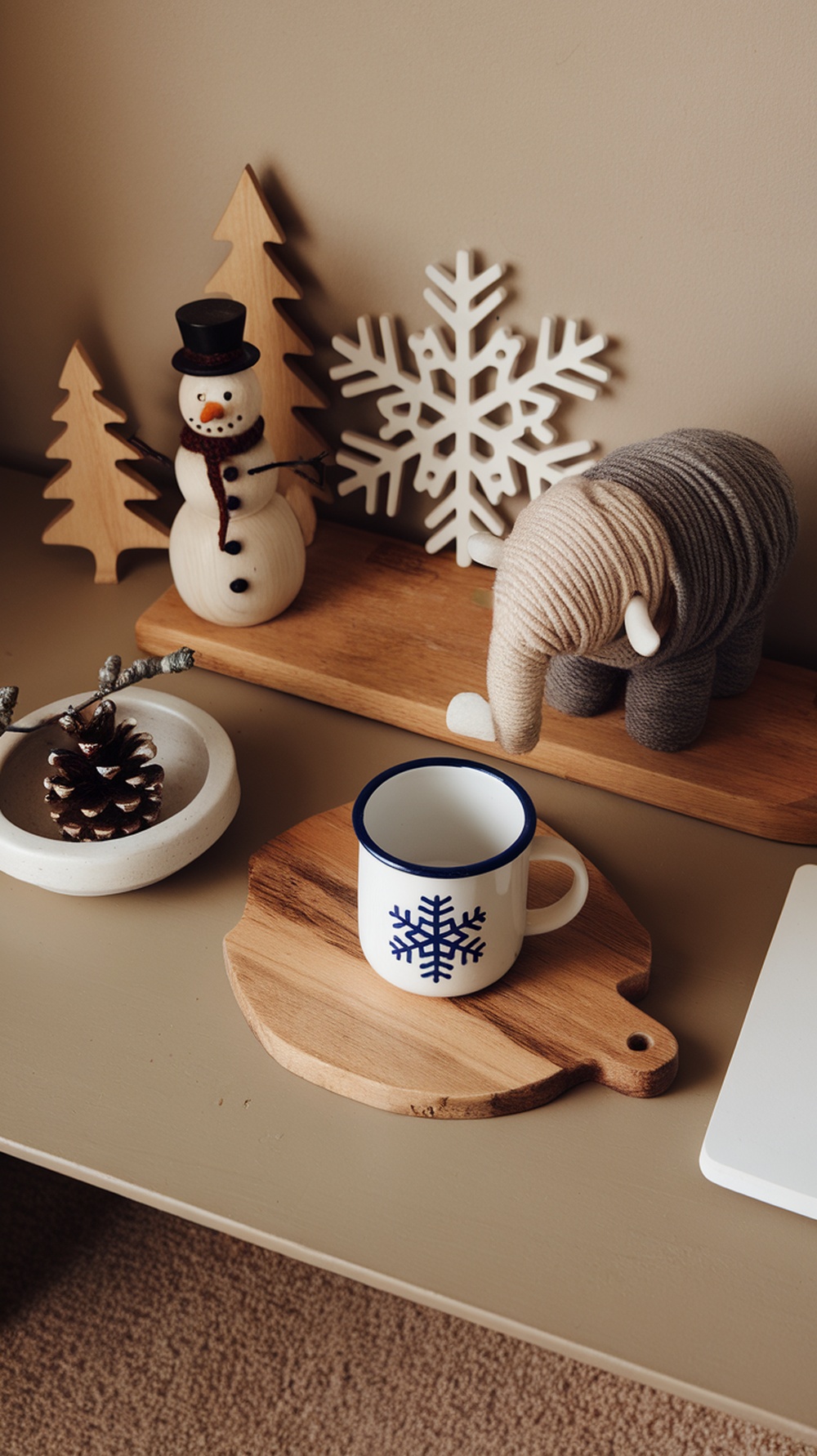 A cozy winter desk setup featuring a snowman, wooden trees, an elephant figure, and a snowflake mug.