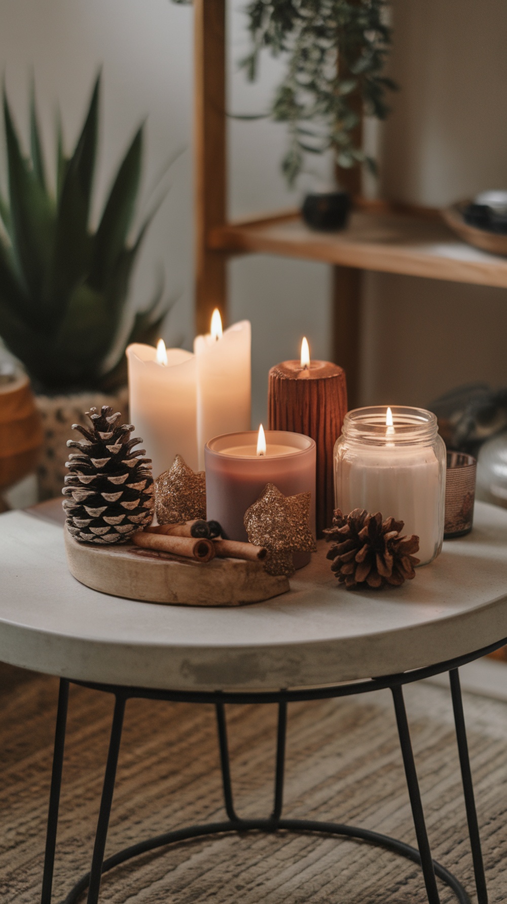 A cozy arrangement of winter-scented candles on a table with pinecones and cinnamon sticks.