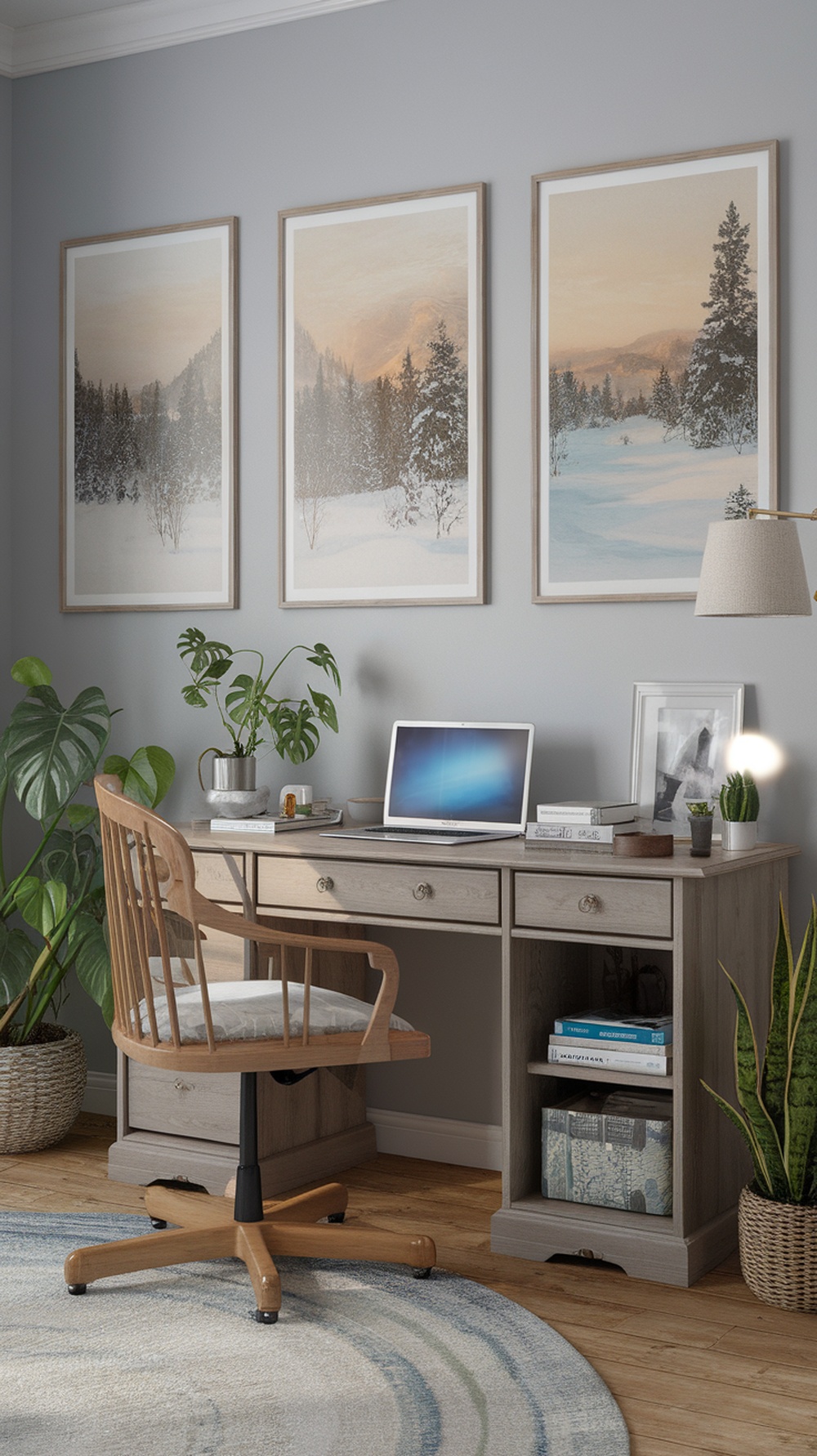 A cozy home office with winter landscape prints on the wall, featuring a wooden desk, a laptop, and indoor plants.