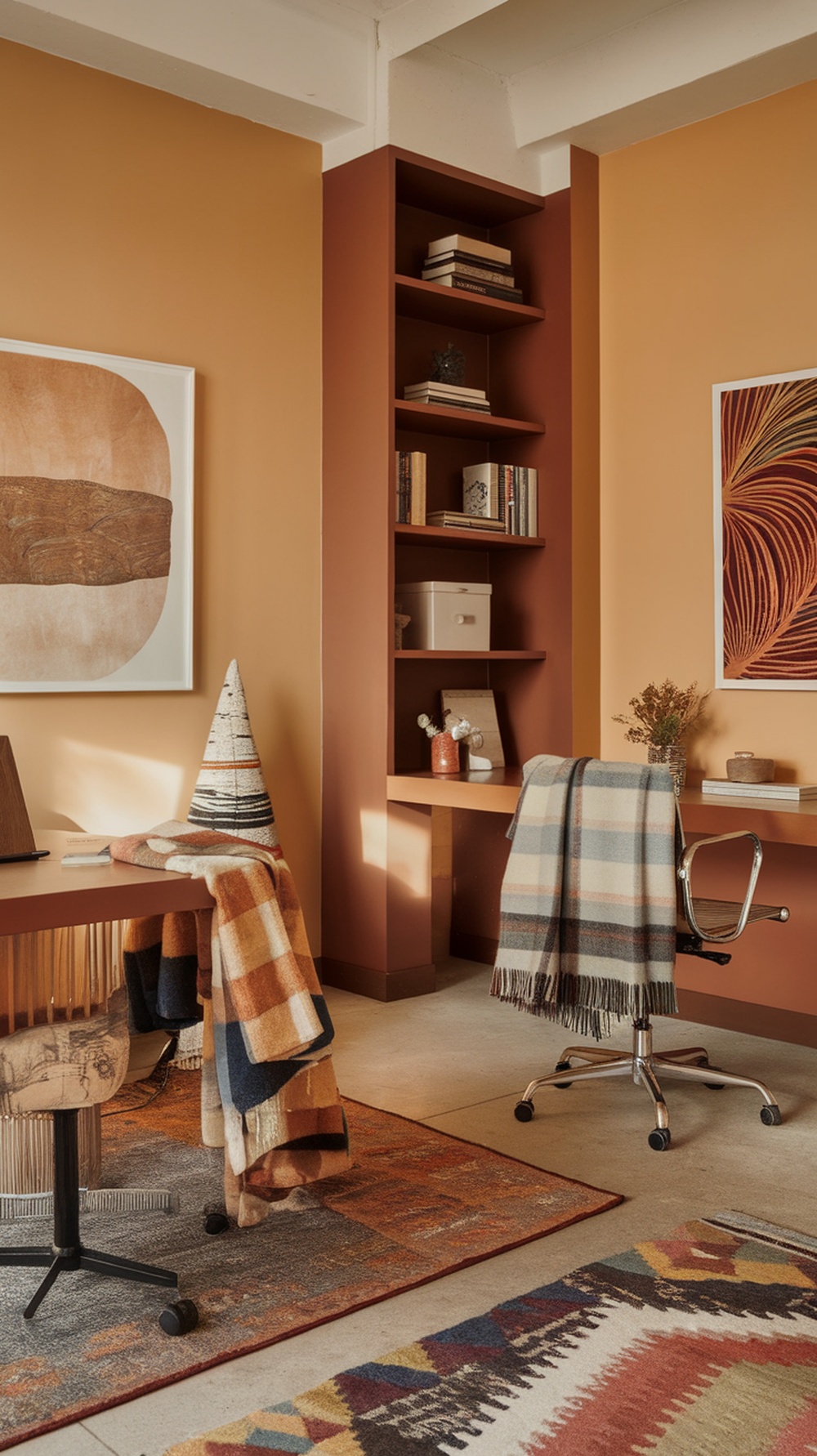 A cozy office space featuring warm colors, blankets, and decorative elements for winter decor.