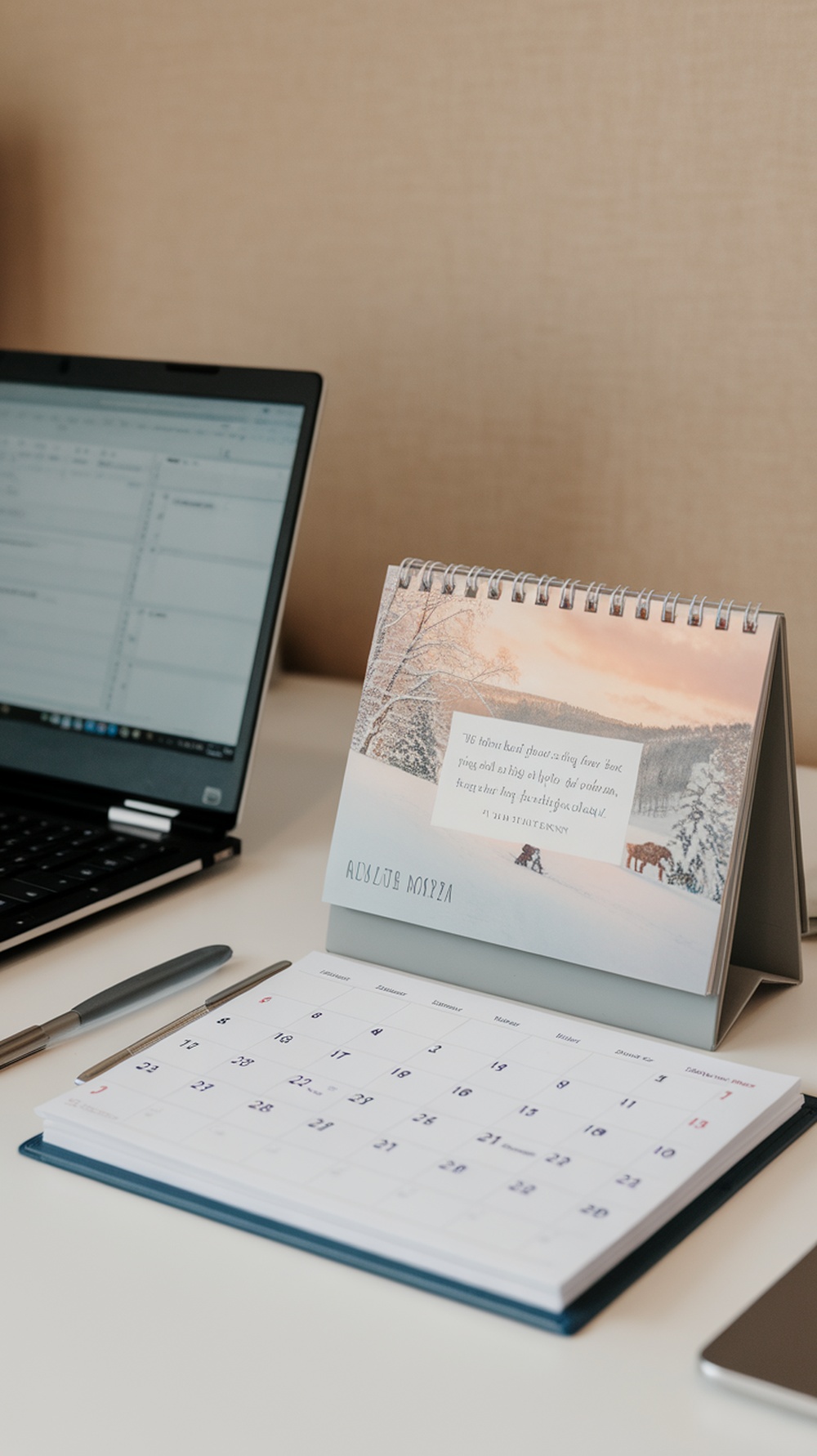 A desk with a seasonal calendar featuring a snowy landscape, alongside a laptop and a pen.