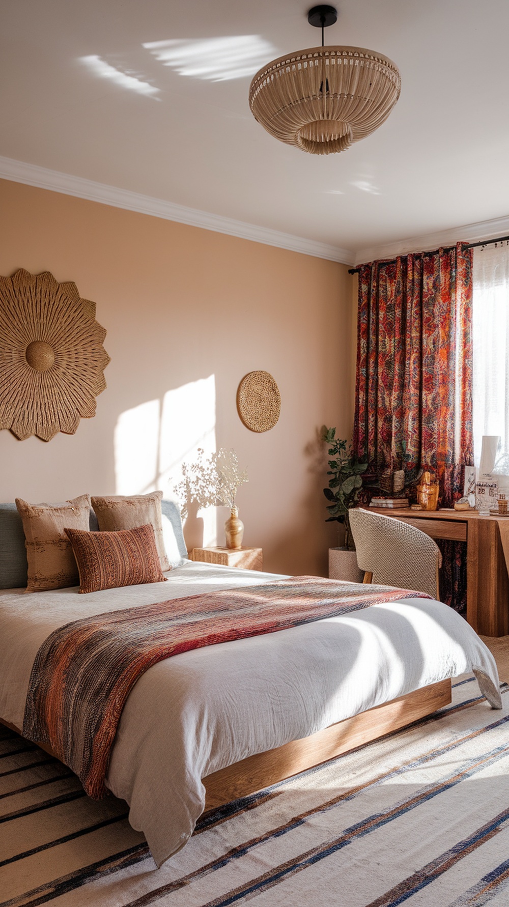 A cozy bohemian bedroom featuring natural wood accents, soft bedding, and eclectic decor.