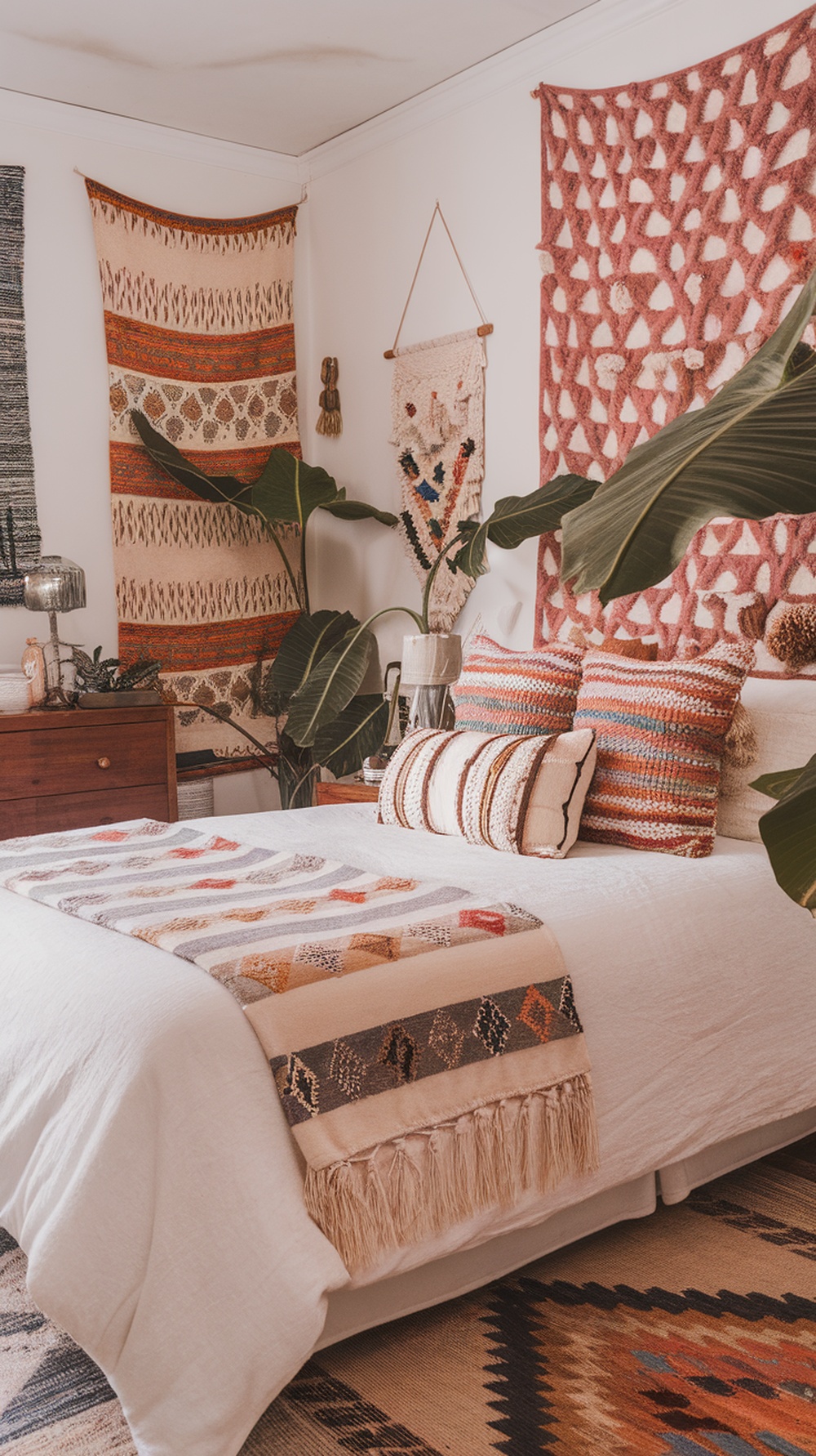 A cozy bohemian bedroom featuring colorful throw pillows on the bed, a vibrant striped blanket, and a stylish workspace.