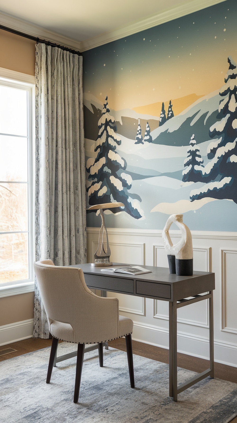 A cozy home office with a winter-themed mural featuring snow-covered trees and a serene backdrop.