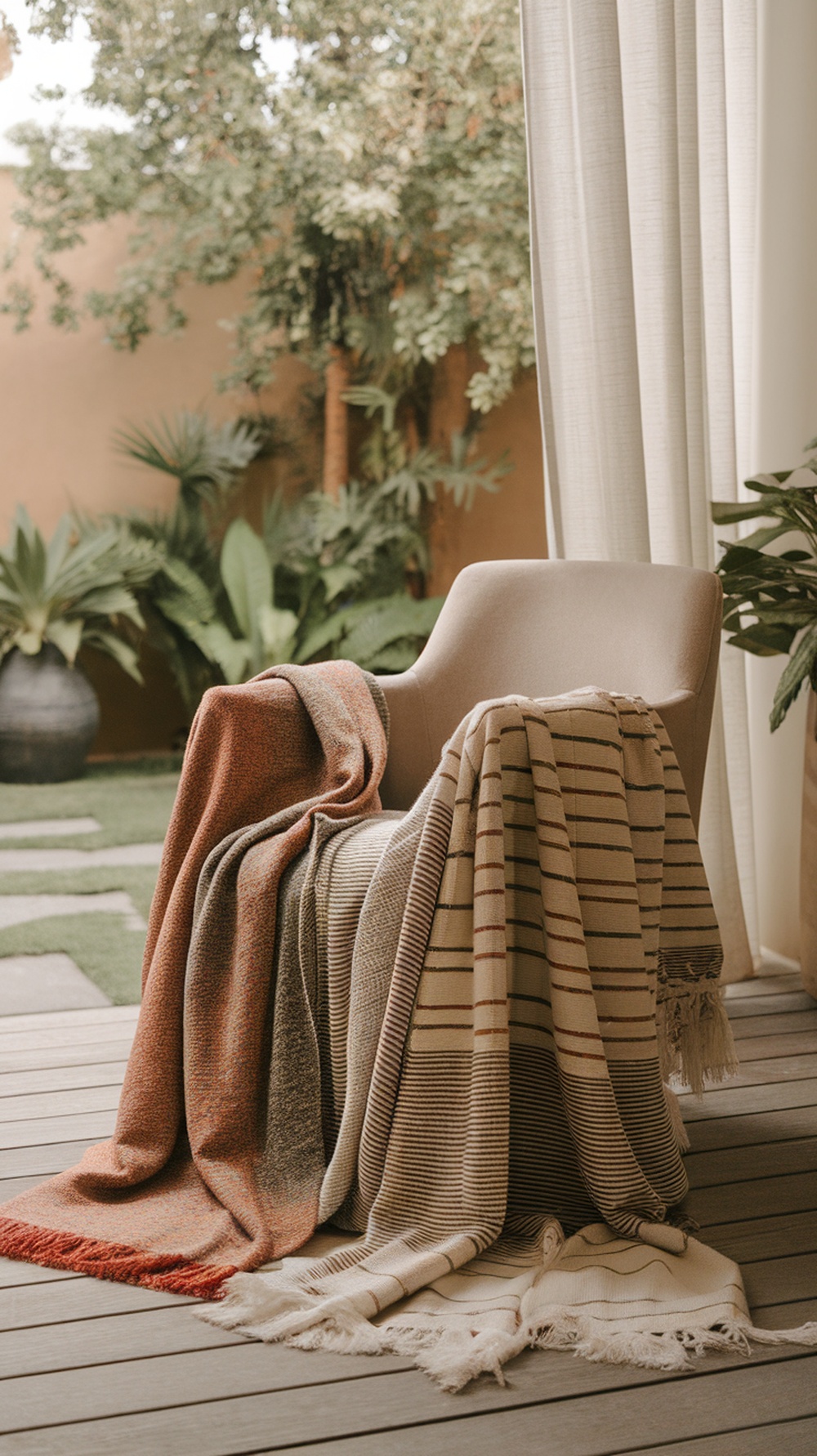 A stylish chair with textured throw blankets draped over it, set in a cozy outdoor space.