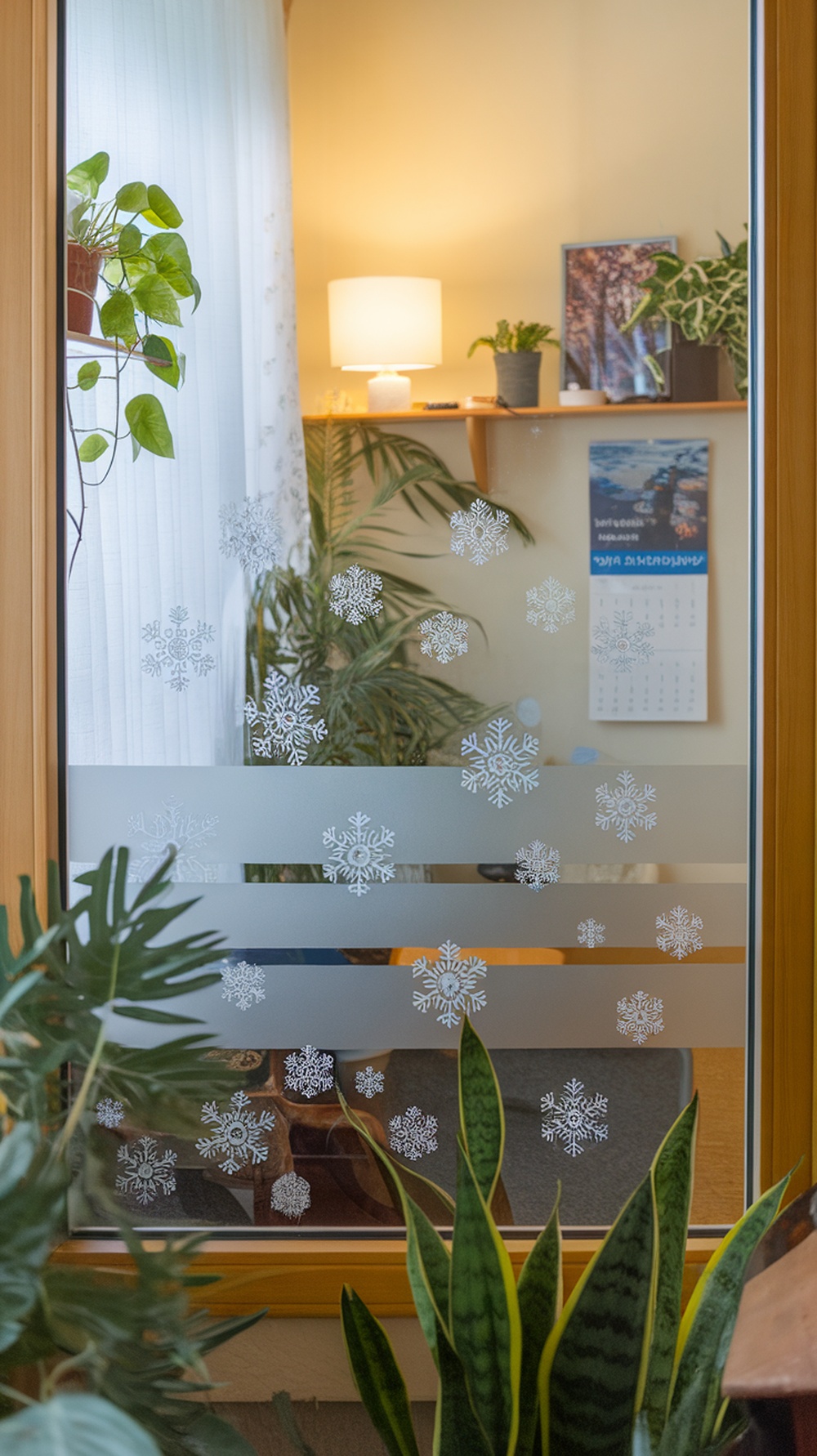 Frosted window clings with snowflake designs on a glass window, surrounded by indoor plants.