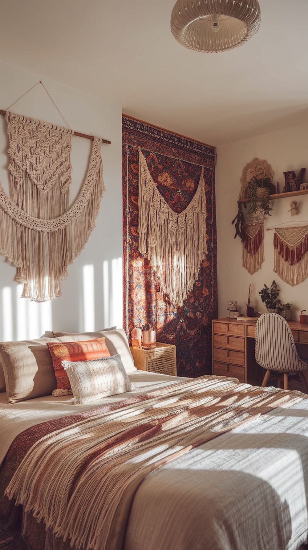 A cozy bohemian bedroom featuring macrame wall hangings and earthy decor.