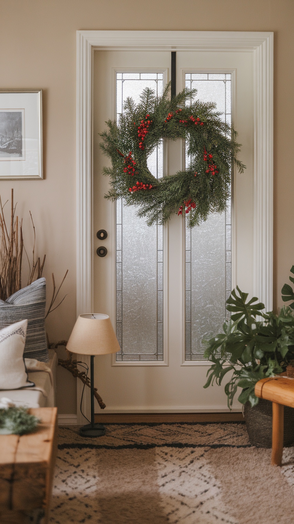 A winter wreath with greenery and red berries hanging on a door, surrounded by cozy living room decor.