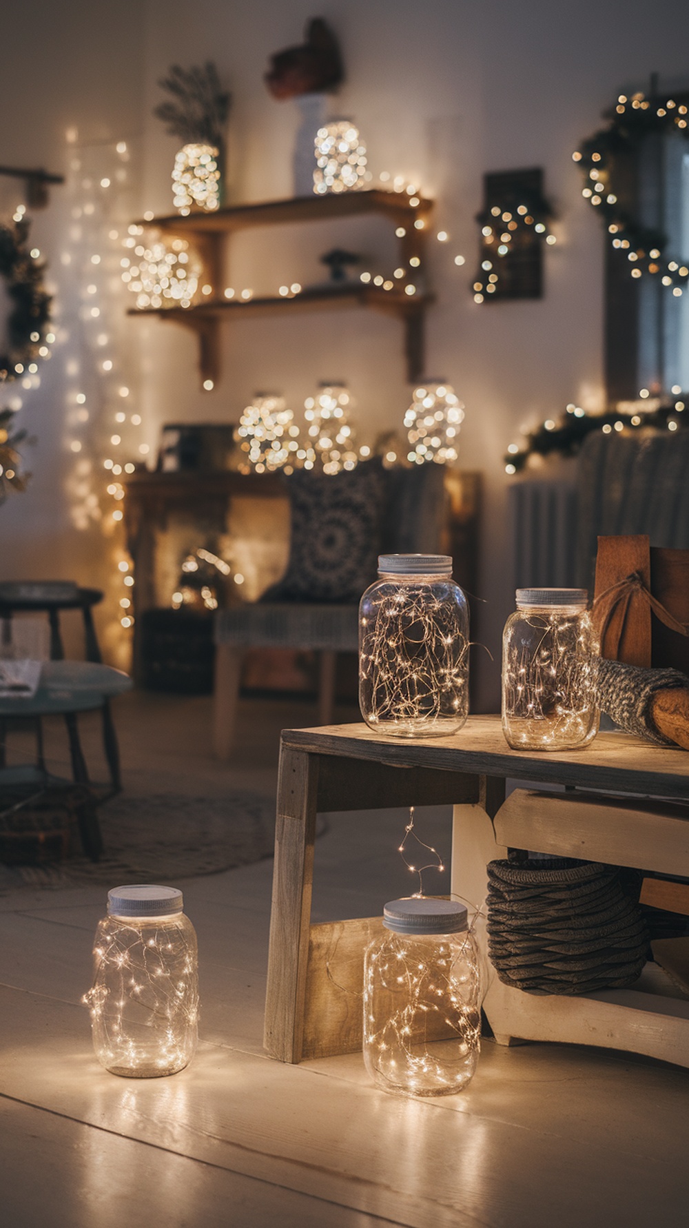 A cozy living room decorated with jars filled with twinkling fairy lights, creating a warm winter atmosphere.