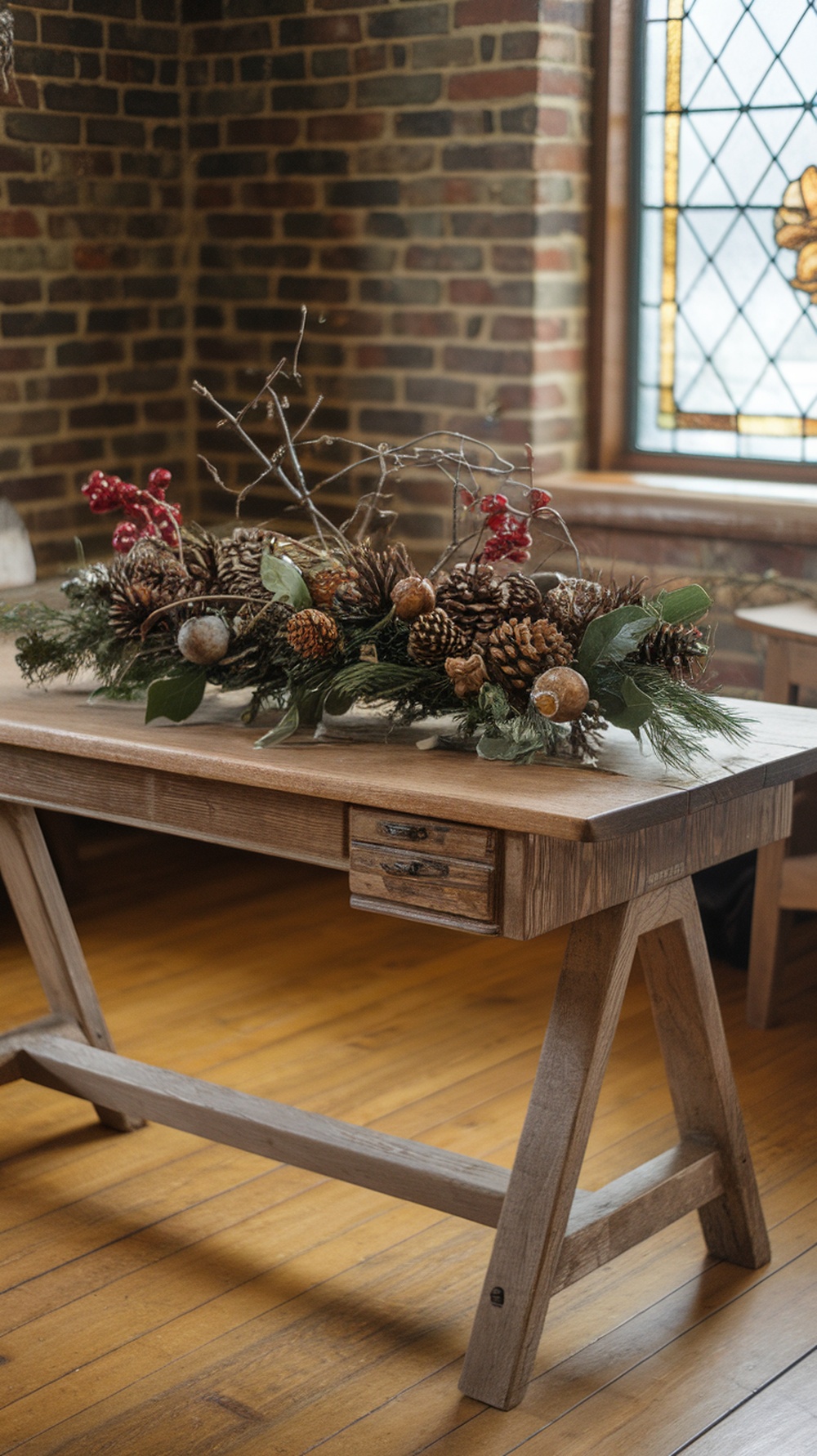 A wooden table with a natural centerpiece featuring pinecones, berries, and greenery.