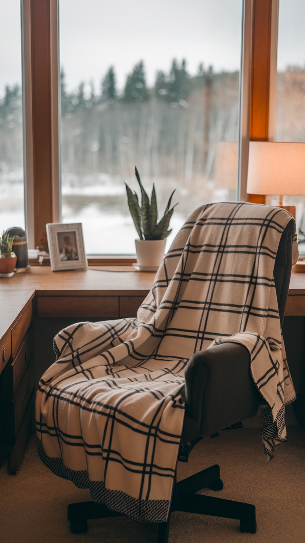 A cozy chair with a flannel blanket draped over it, set in a winter-themed home office.
