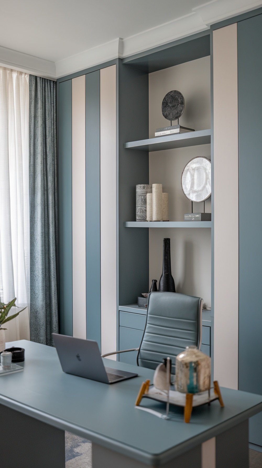 A cozy home office with a winter-inspired color palette featuring soft blues and neutral tones.