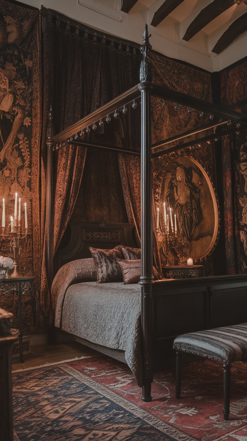 A gothic bedroom featuring a four-poster bed, rich fabrics, and candle sconces creating a warm ambiance.