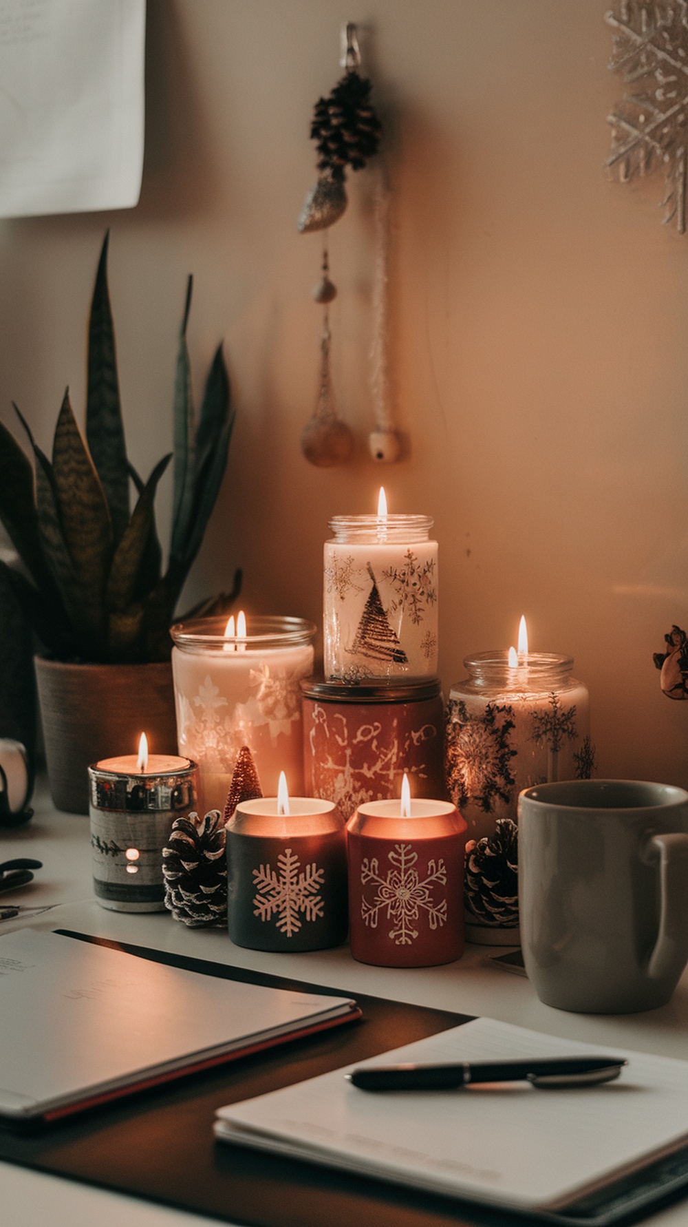 A collection of seasonal scented candles in a wooden box on a desk, surrounded by winter decor items.
