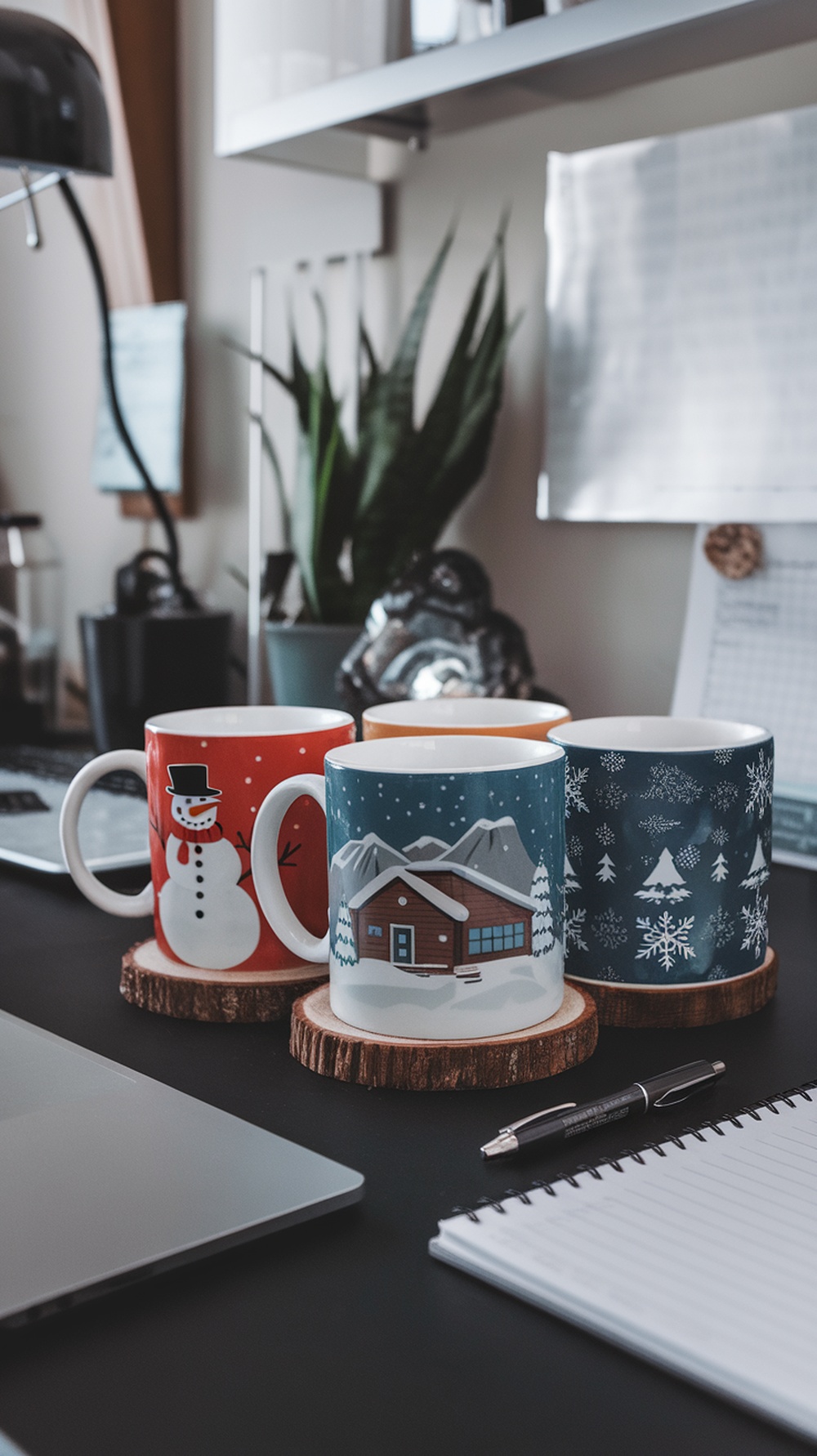 A collection of winter-themed coffee mugs featuring a snowman, a cozy cabin, and snowflakes, placed on wooden coasters on a desk.
