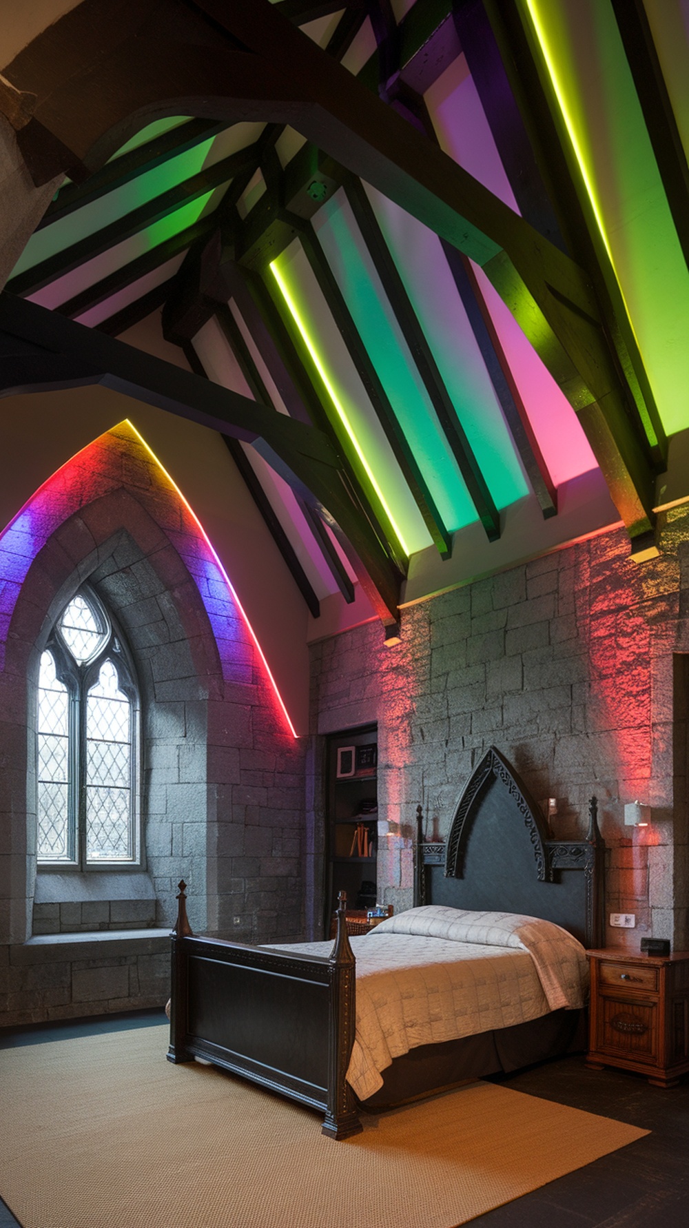A gothic bedroom with colorful LED strips illuminating the ceiling and walls, creating a vibrant atmosphere.