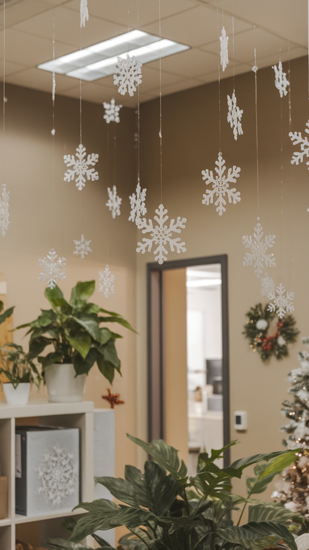 Hanging white snowflake ornaments in an office setting with plants and a wreath in the background.