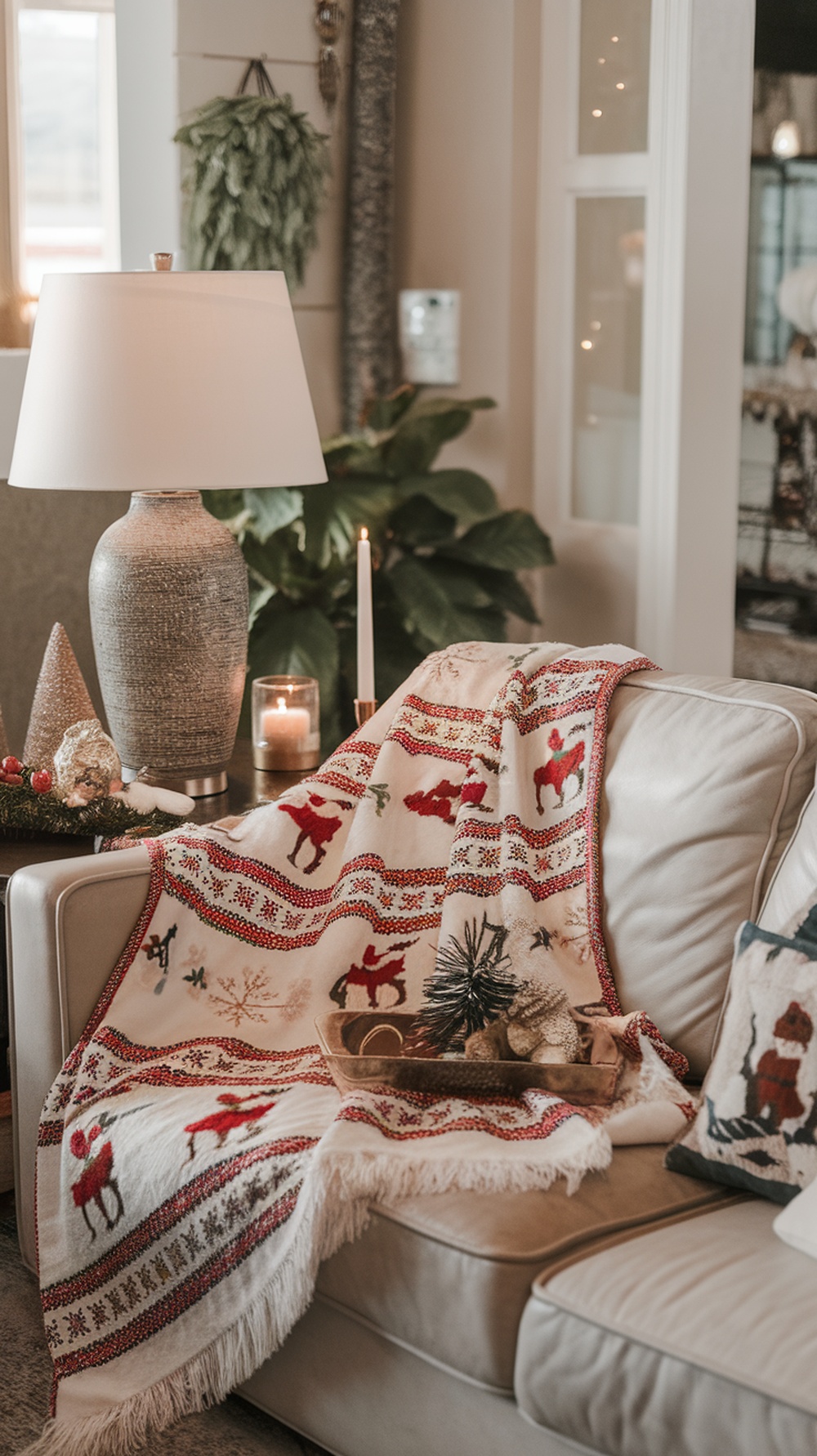 A cozy throw blanket with festive designs draped over a light-colored sofa, surrounded by winter decor elements.