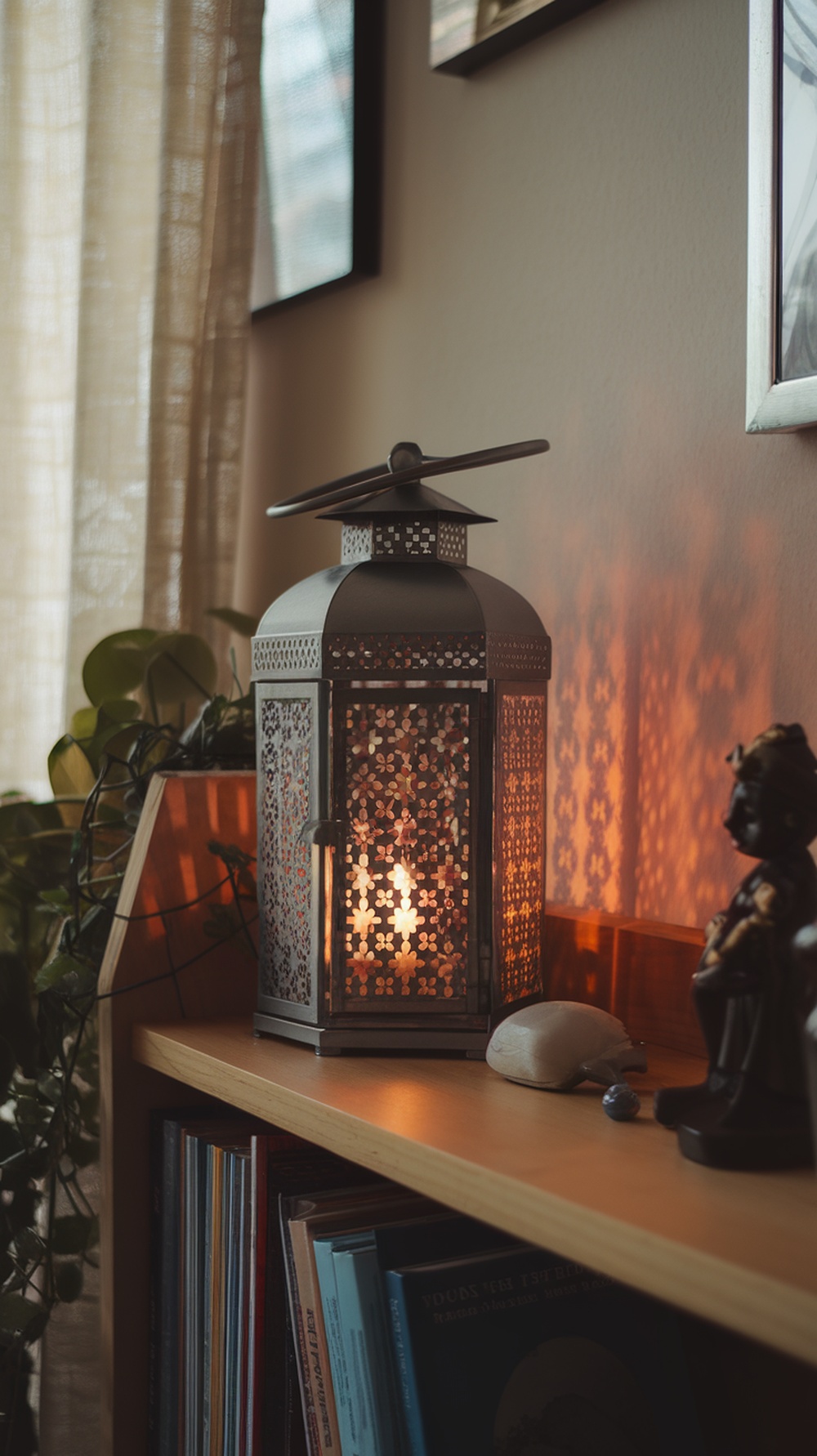 Hanging decorative lanterns with candles in a cozy indoor setting