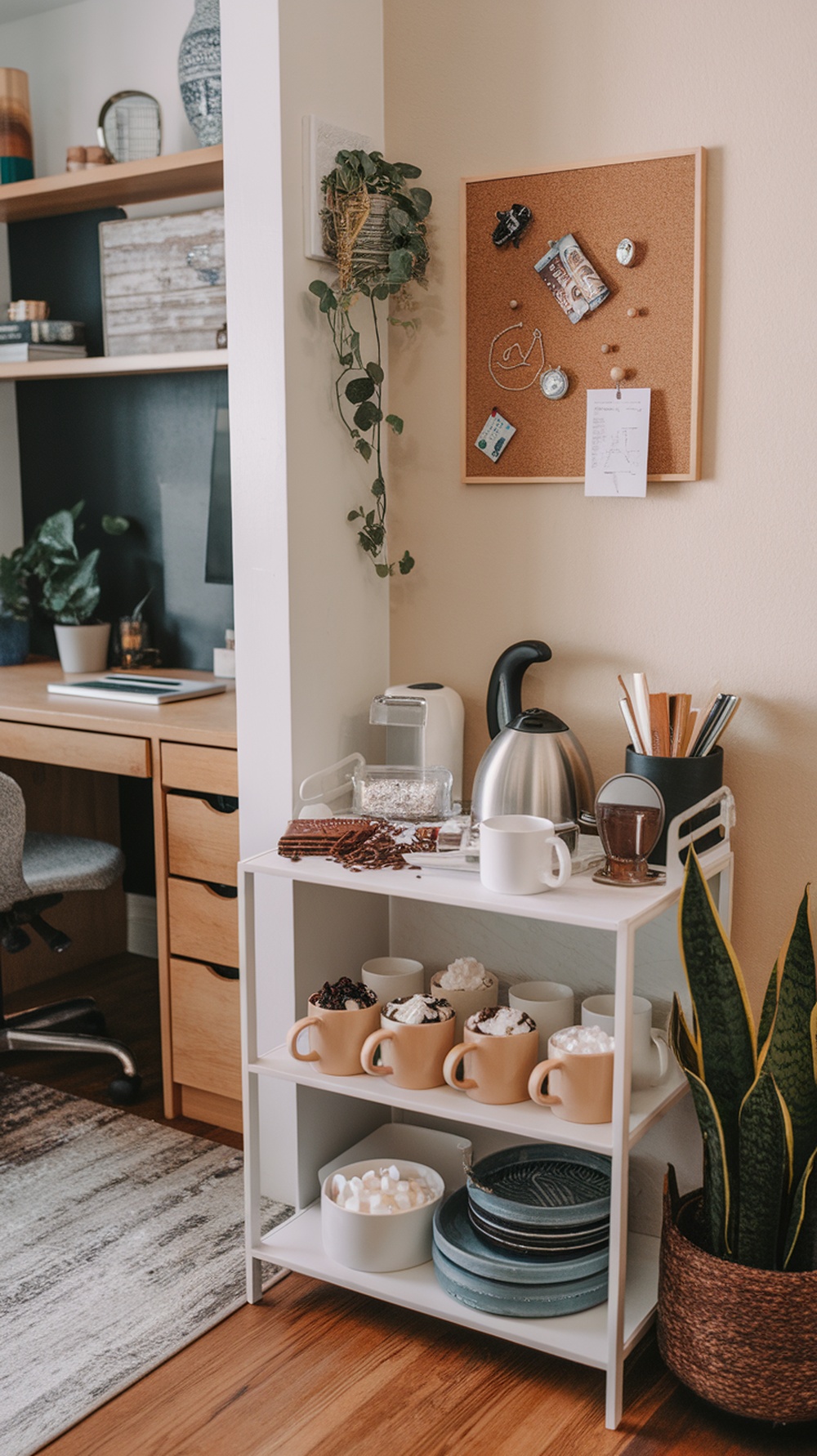 A cozy hot cocoa station with mugs, toppings, and a kettle in a home office setting.