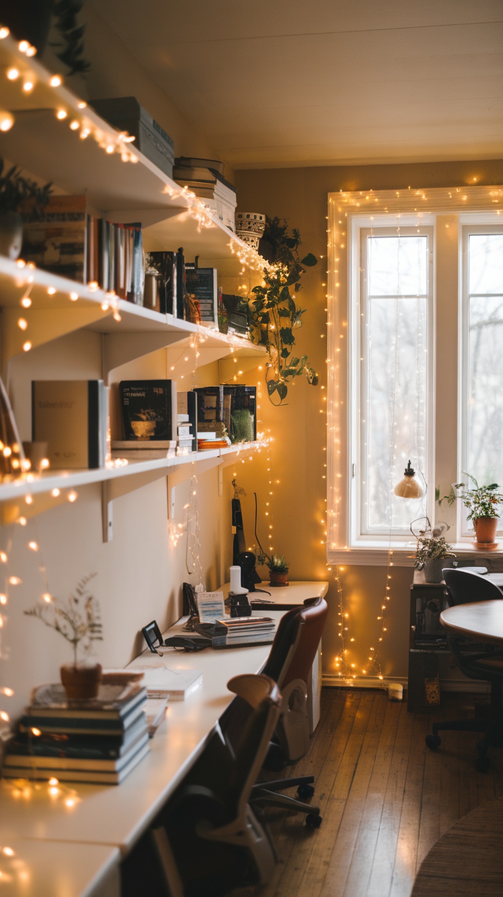 Cozy home office decorated with white fairy lights, bookshelves, and plants.