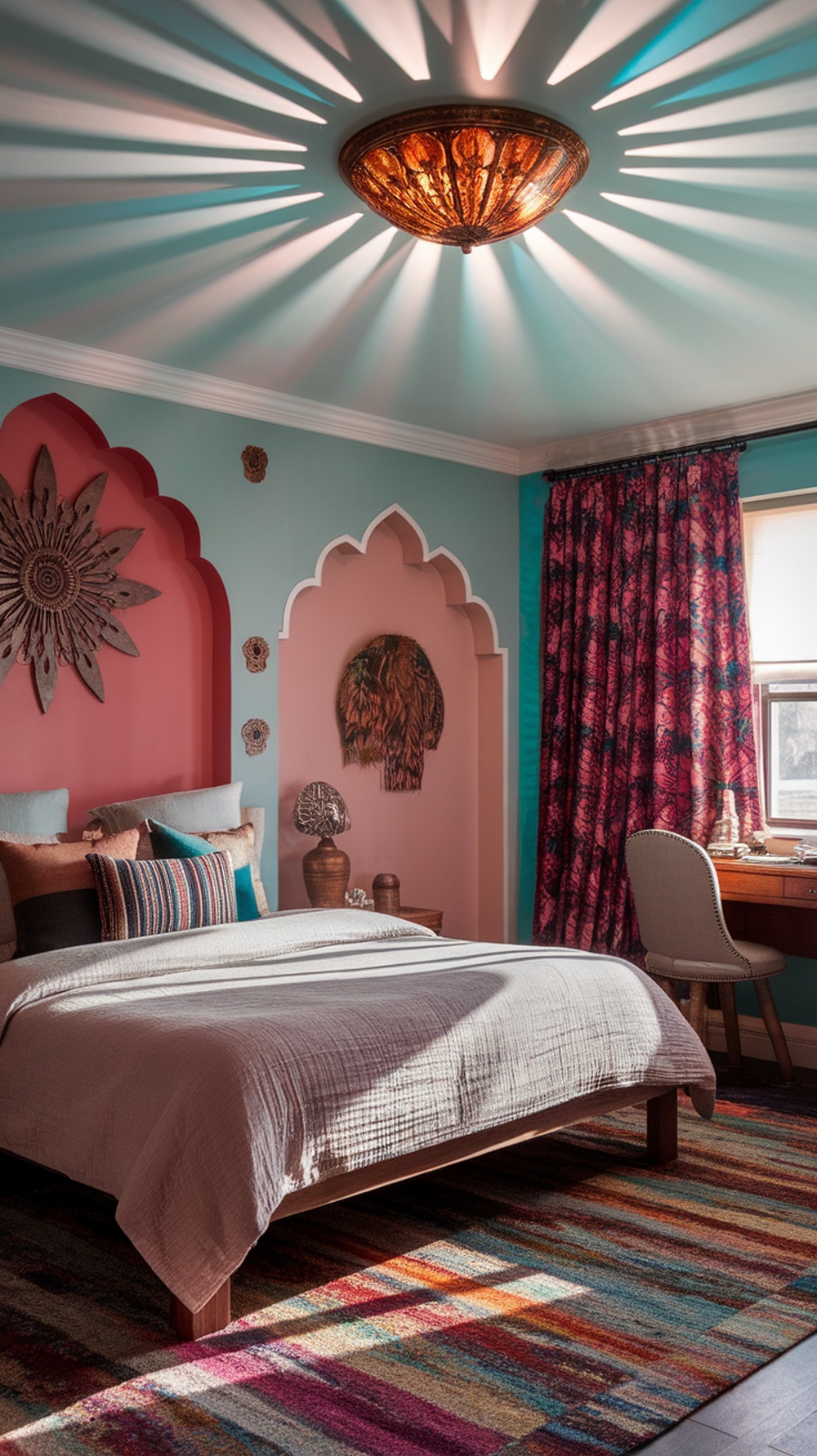 A cozy bohemian bedroom with eclectic art display, featuring colorful walls, a vibrant rug, and unique decor elements.