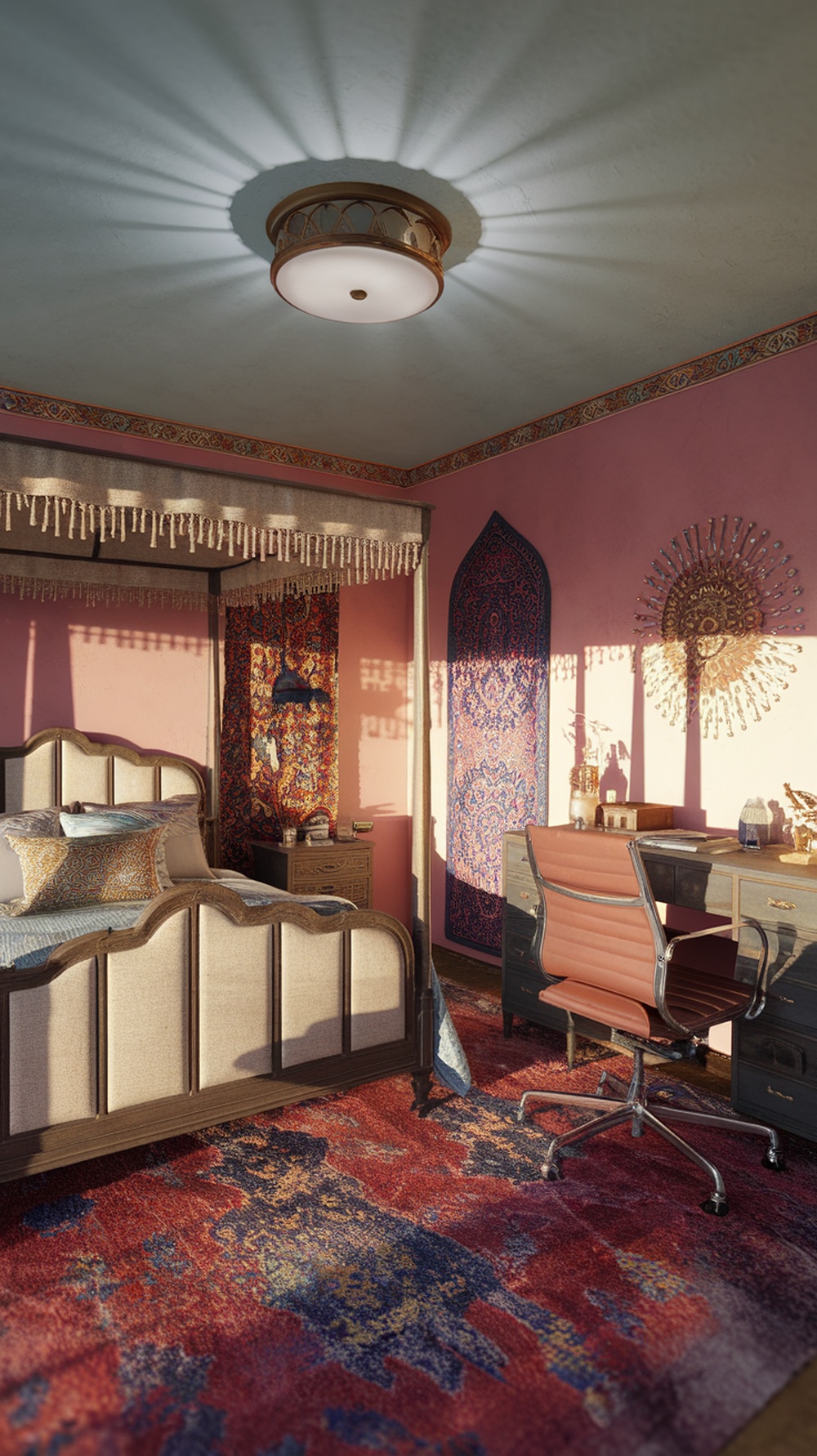 A cozy bohemian bedroom featuring a vintage four-poster bed, colorful rug, and a stylish desk.