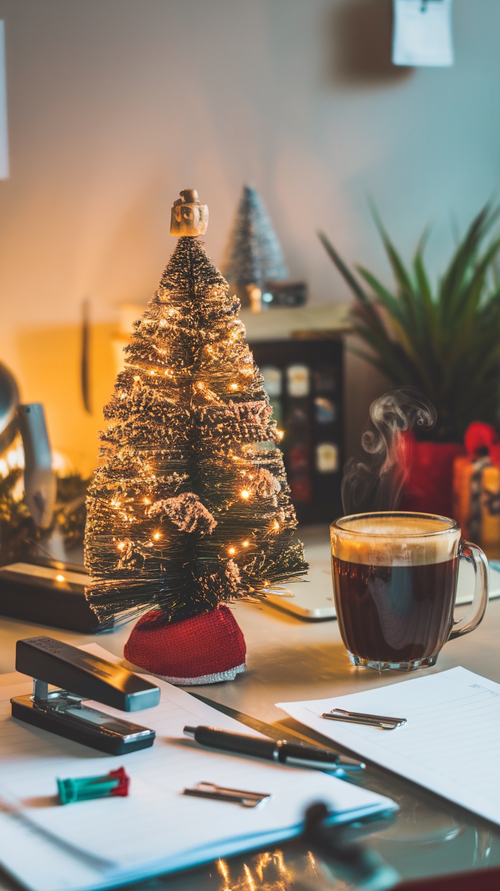 A small Christmas tree with lights on a desk next to a cup of coffee and office supplies.