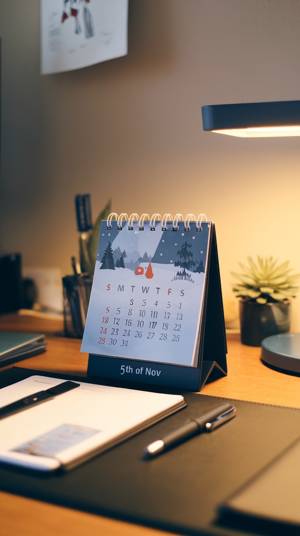 A winter-themed desk calendar on a wooden desk with a snowy view outside.