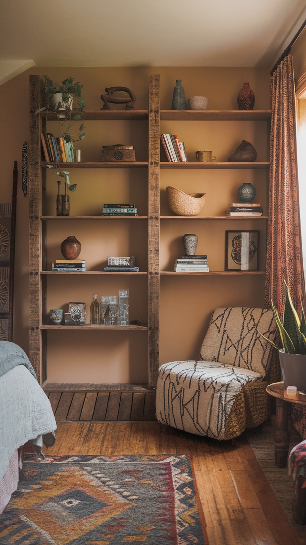Rustic shelving units in a cozy bohemian bedroom with books and decorative items.