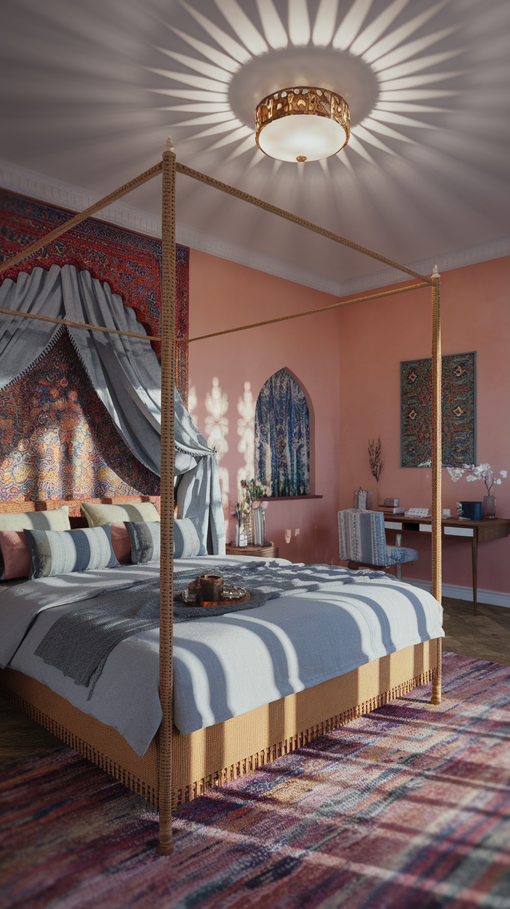 A cozy bohemian bedroom featuring a four-poster bed with soft textiles, warm pink walls, and intricate patterns.