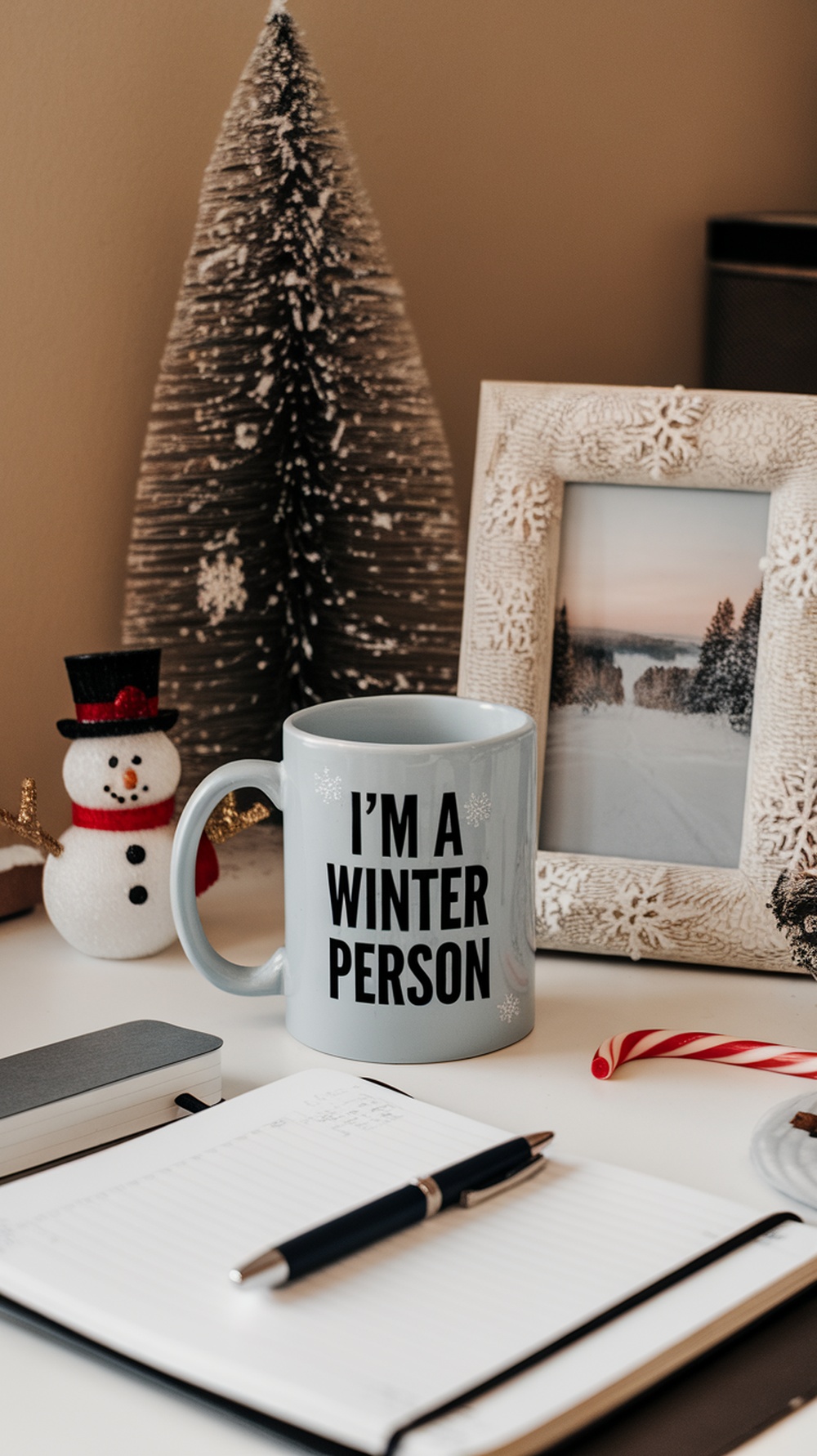 A cozy winter-themed home office setup featuring a mug, snowman, decorative tree, and a framed winter landscape.