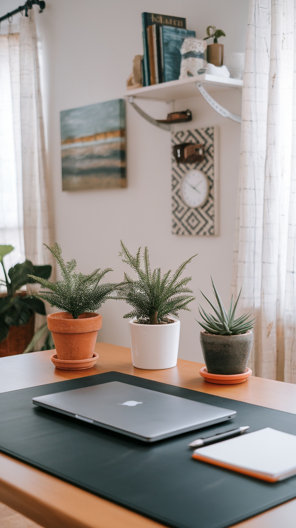 A cozy home office desk with potted evergreen plants, a laptop, and stationery.