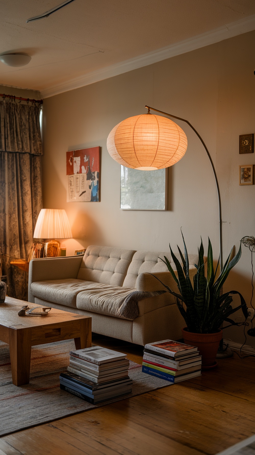 Cozy living room with layered lighting from floor lamps, showcasing a warm and inviting atmosphere.
