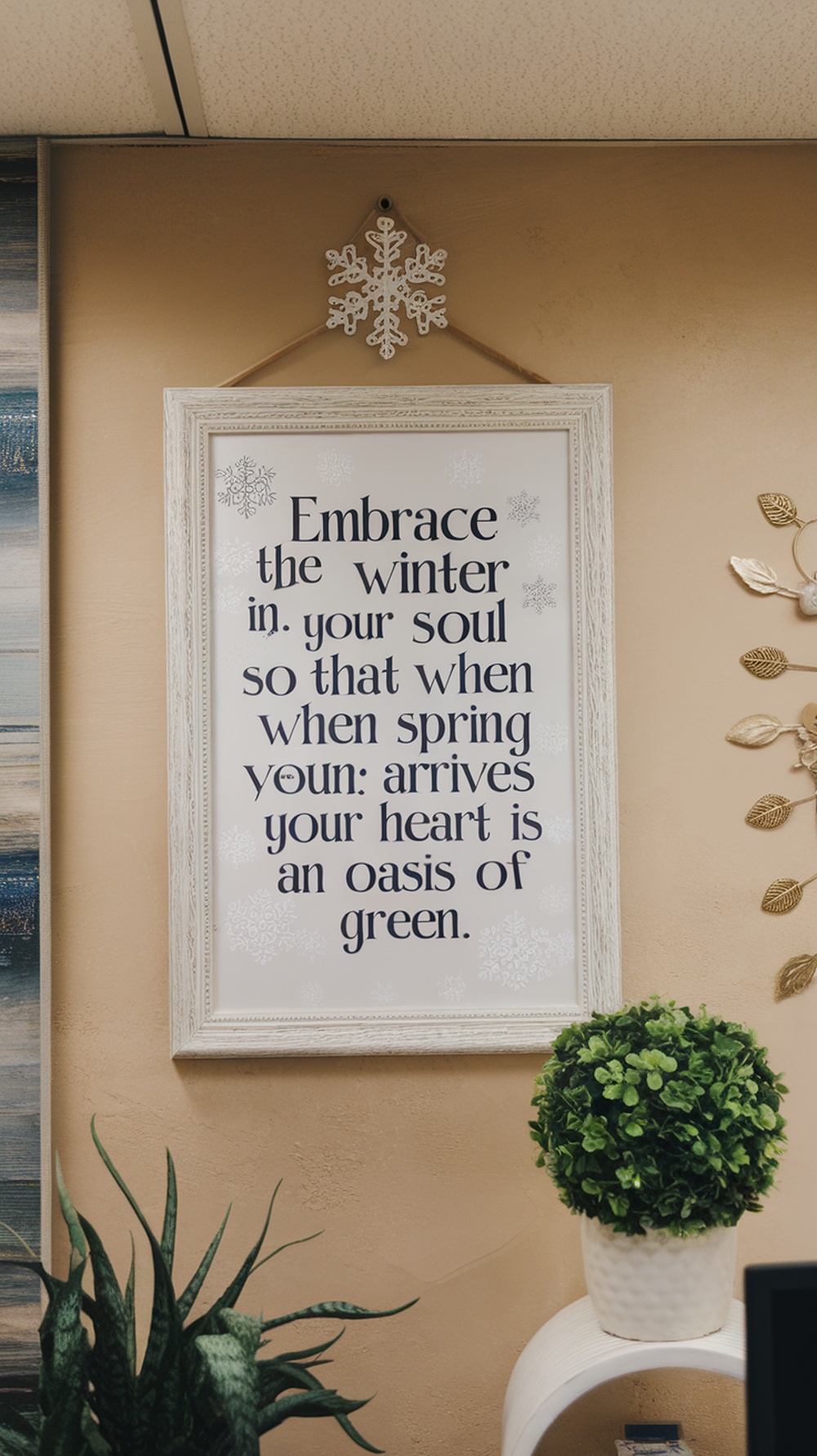 Wall with framed winter-themed inspirational quotes in an office setting.
